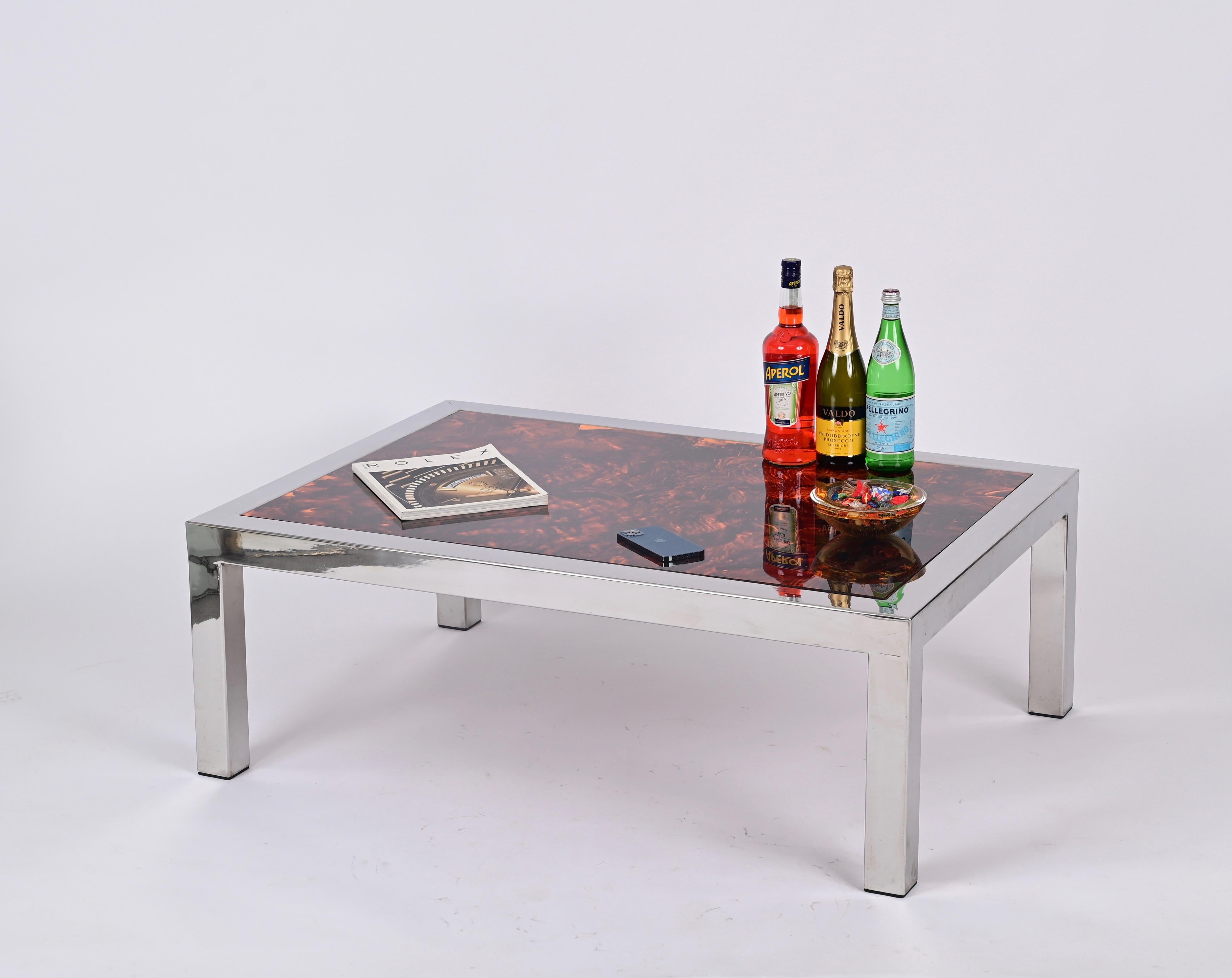 Chromed Steel and Tortoiseshell Effect Lucite Coffee Table, Italy 1970s For Sale 5