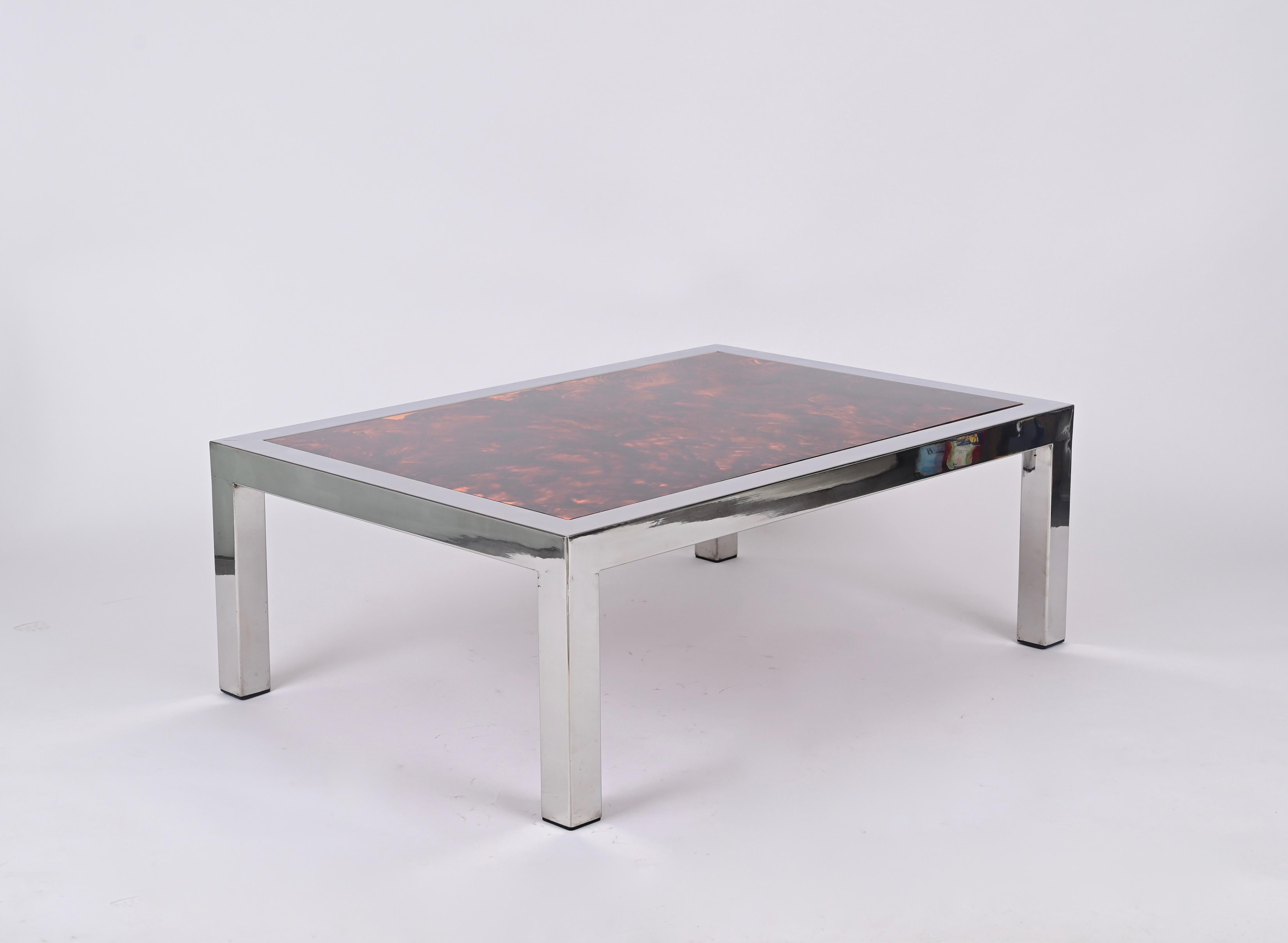 Chromed Steel and Tortoiseshell Effect Lucite Coffee Table, Italy 1970s For Sale 7