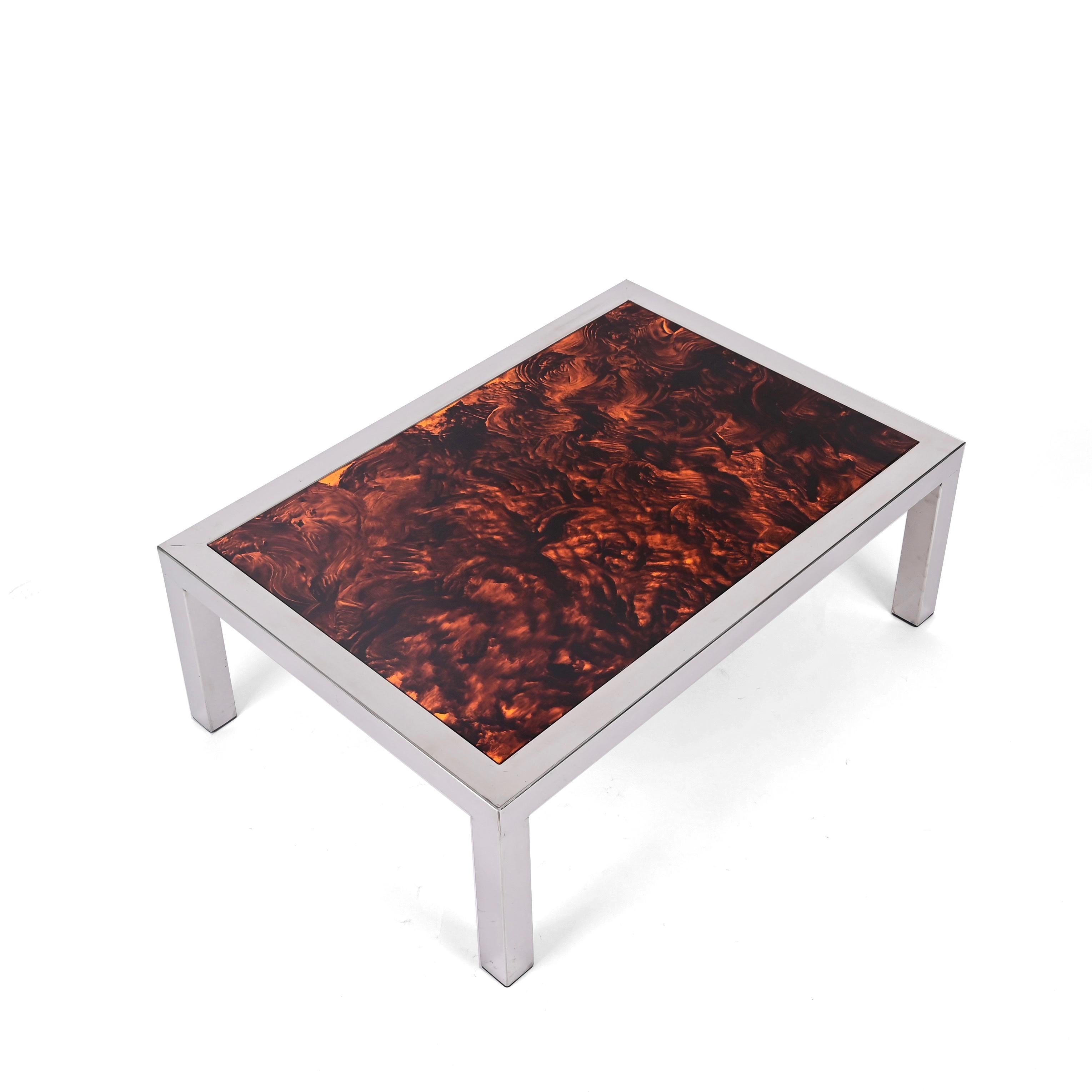 Chromed Steel and Tortoiseshell Effect Lucite Coffee Table, Italy 1970s For Sale 8