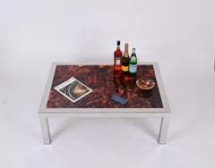 Chromed Steel and Tortoiseshell Effect Lucite Coffee Table, Italy 1970s