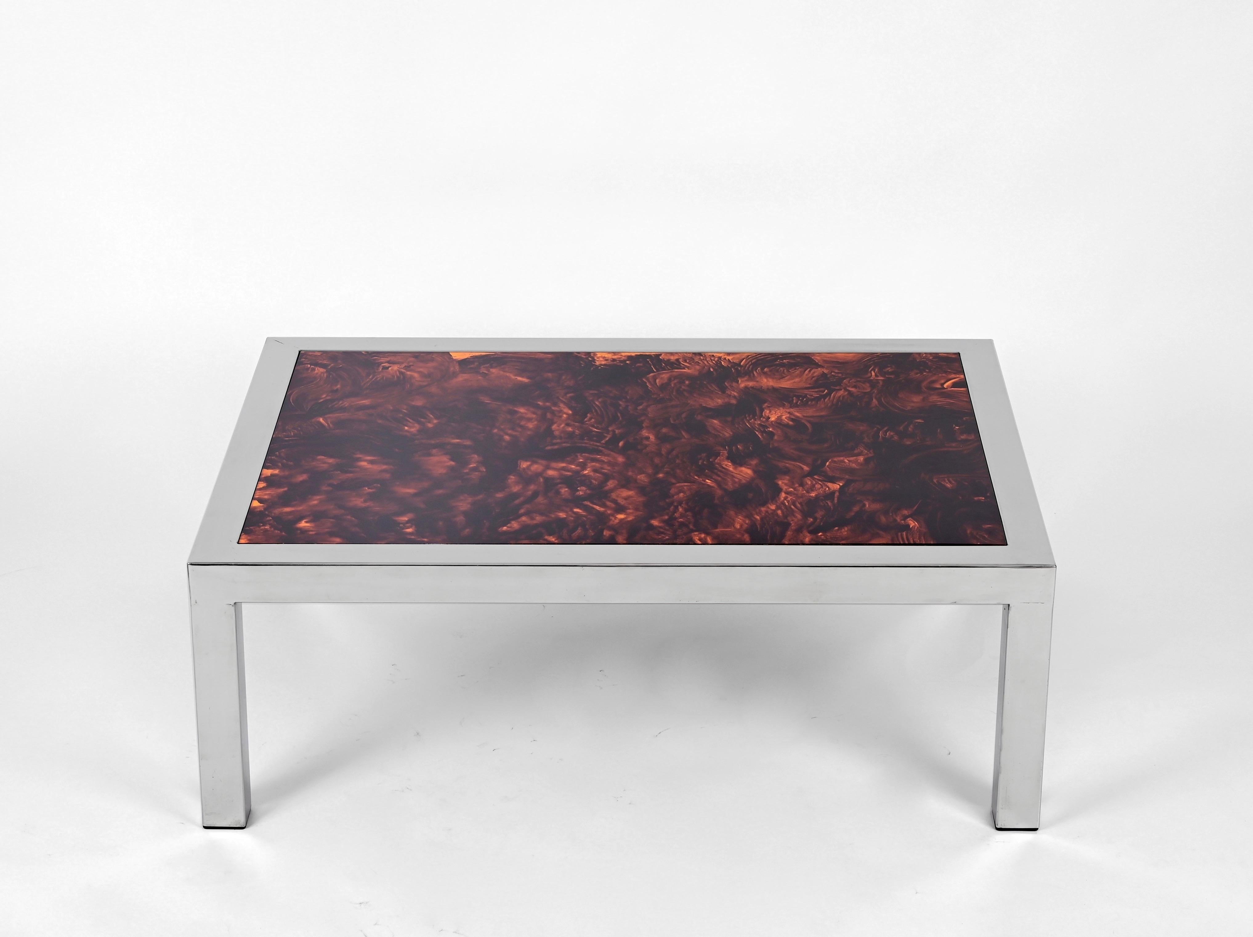 Italian Chromed Steel and Tortoiseshell Effect Lucite Coffee Table, Italy 1970s For Sale