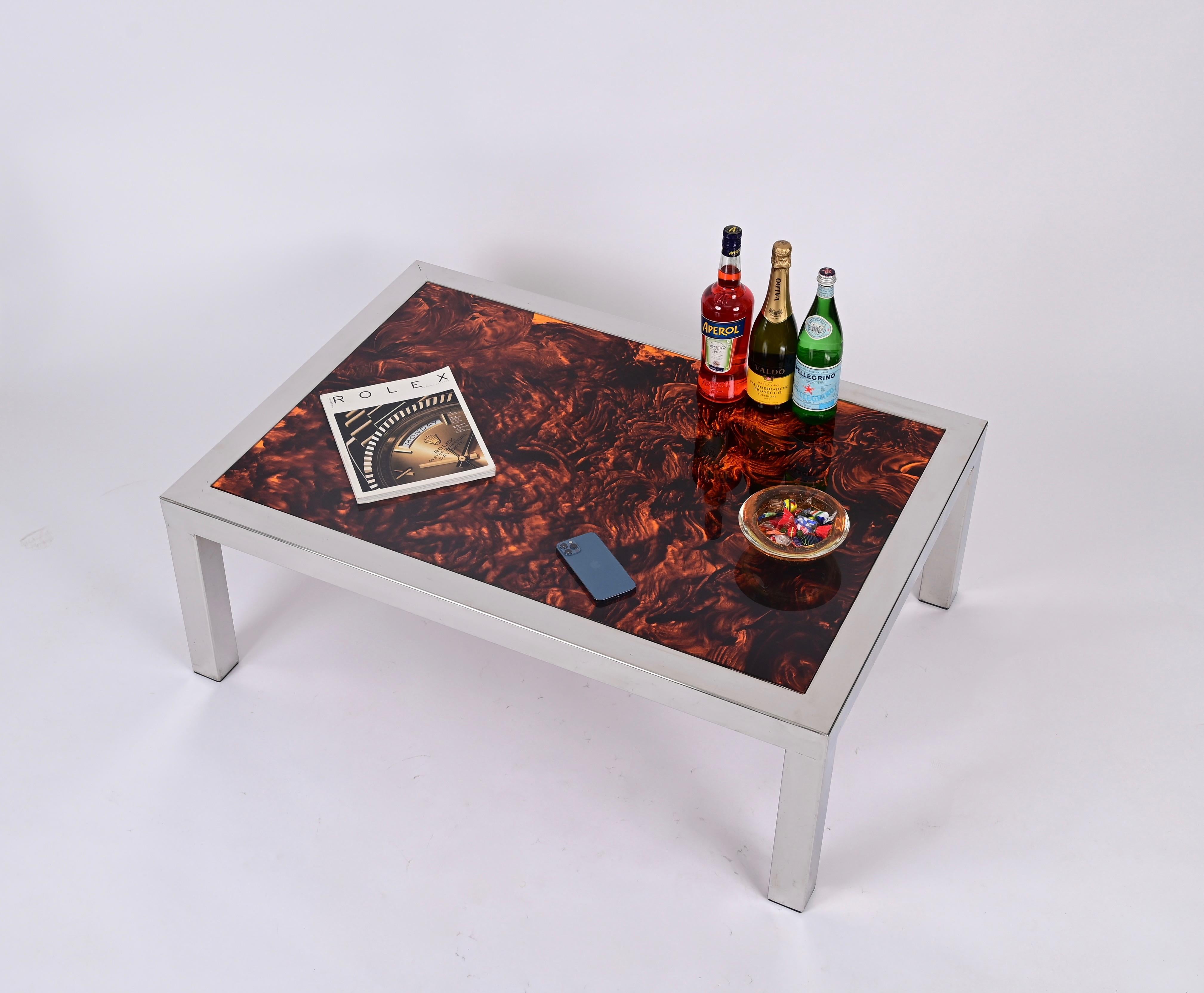 Hand-Crafted Chromed Steel and Tortoiseshell Effect Lucite Coffee Table, Italy 1970s For Sale