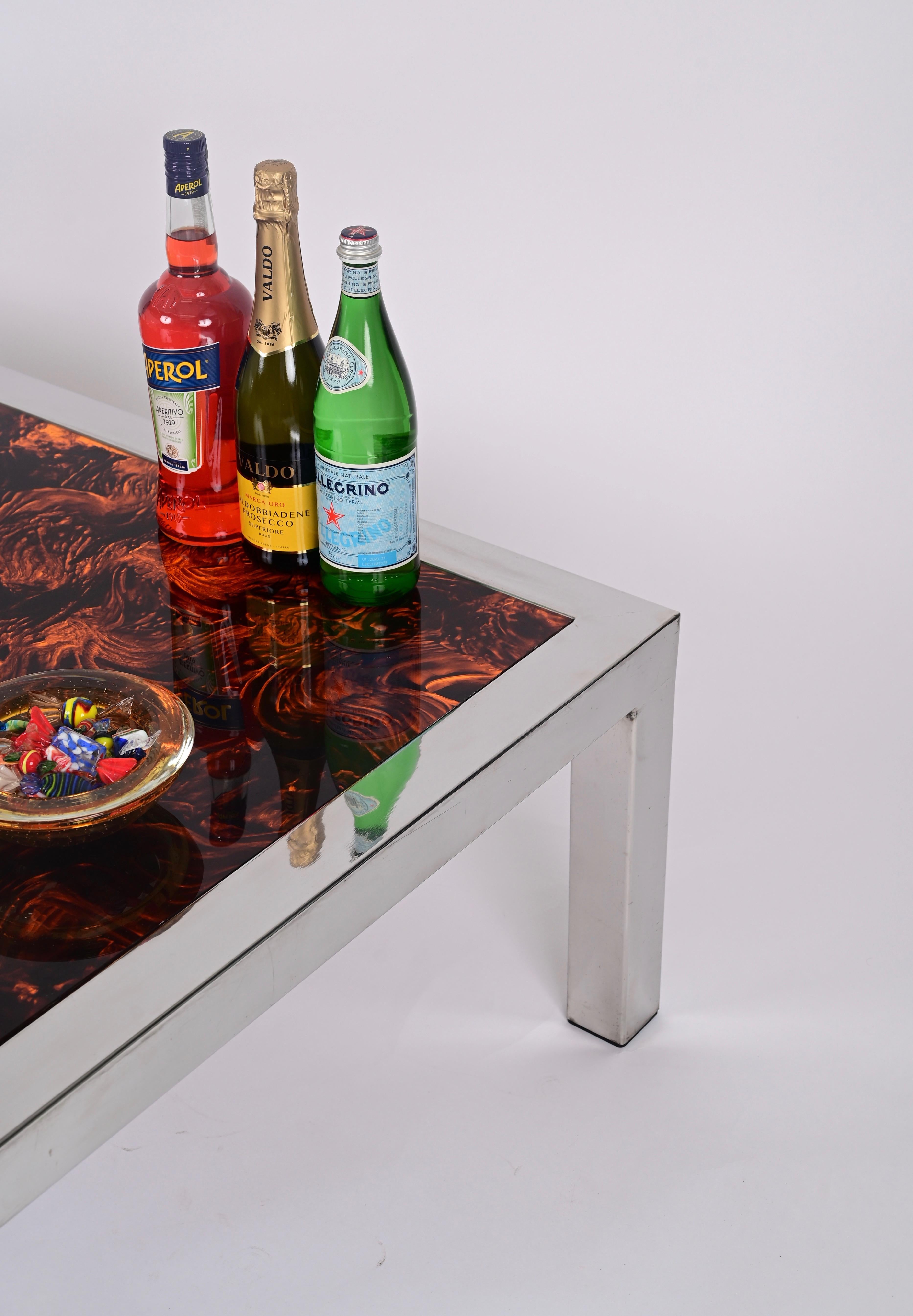 Chromed Steel and Tortoiseshell Effect Lucite Coffee Table, Italy 1970s In Good Condition For Sale In Roma, IT