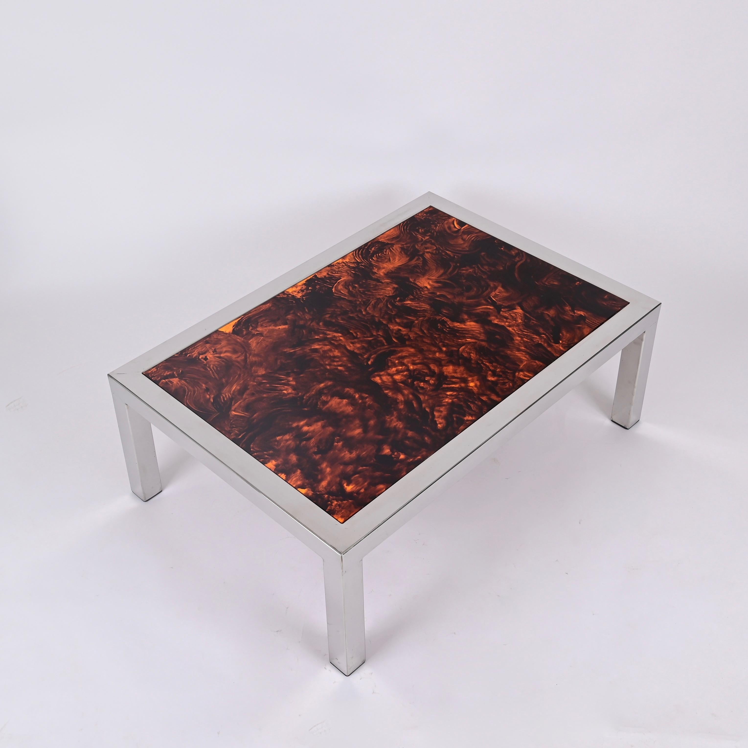 Late 20th Century Chromed Steel and Tortoiseshell Effect Lucite Coffee Table, Italy 1970s For Sale