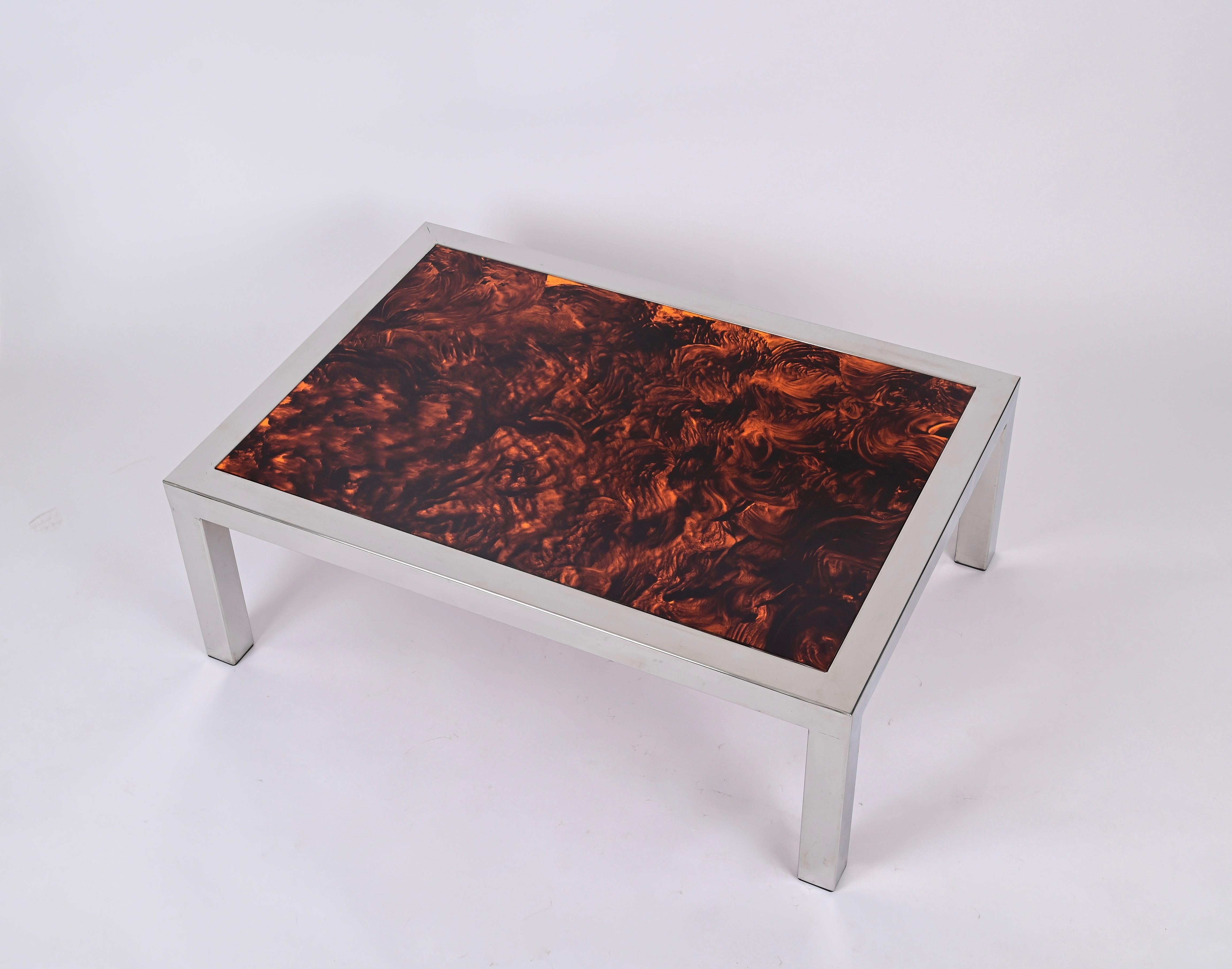 Chromed Steel and Tortoiseshell Effect Lucite Coffee Table, Italy 1970s For Sale 1