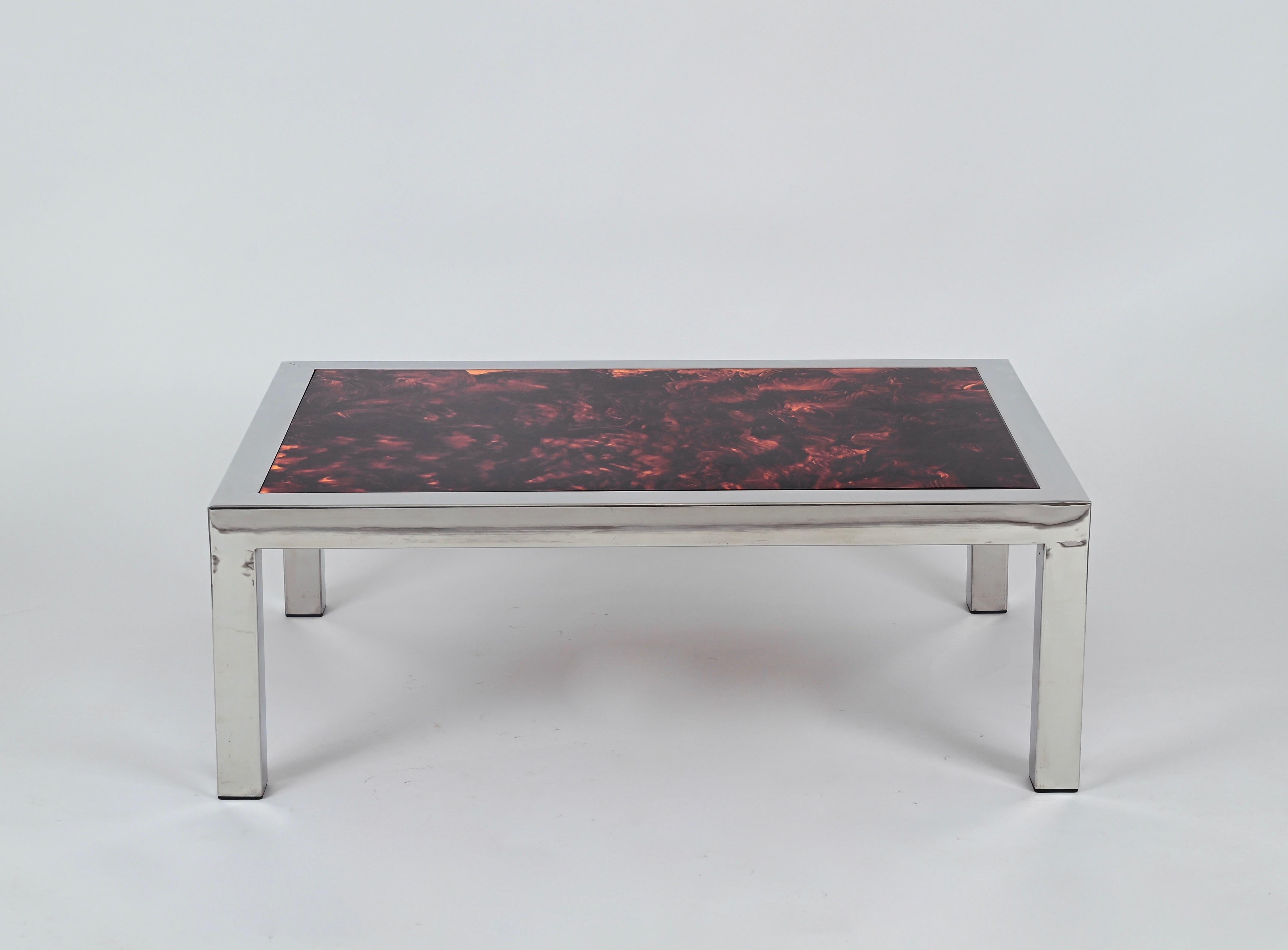 Chromed Steel and Tortoiseshell Effect Lucite Coffee Table, Italy 1970s For Sale 2