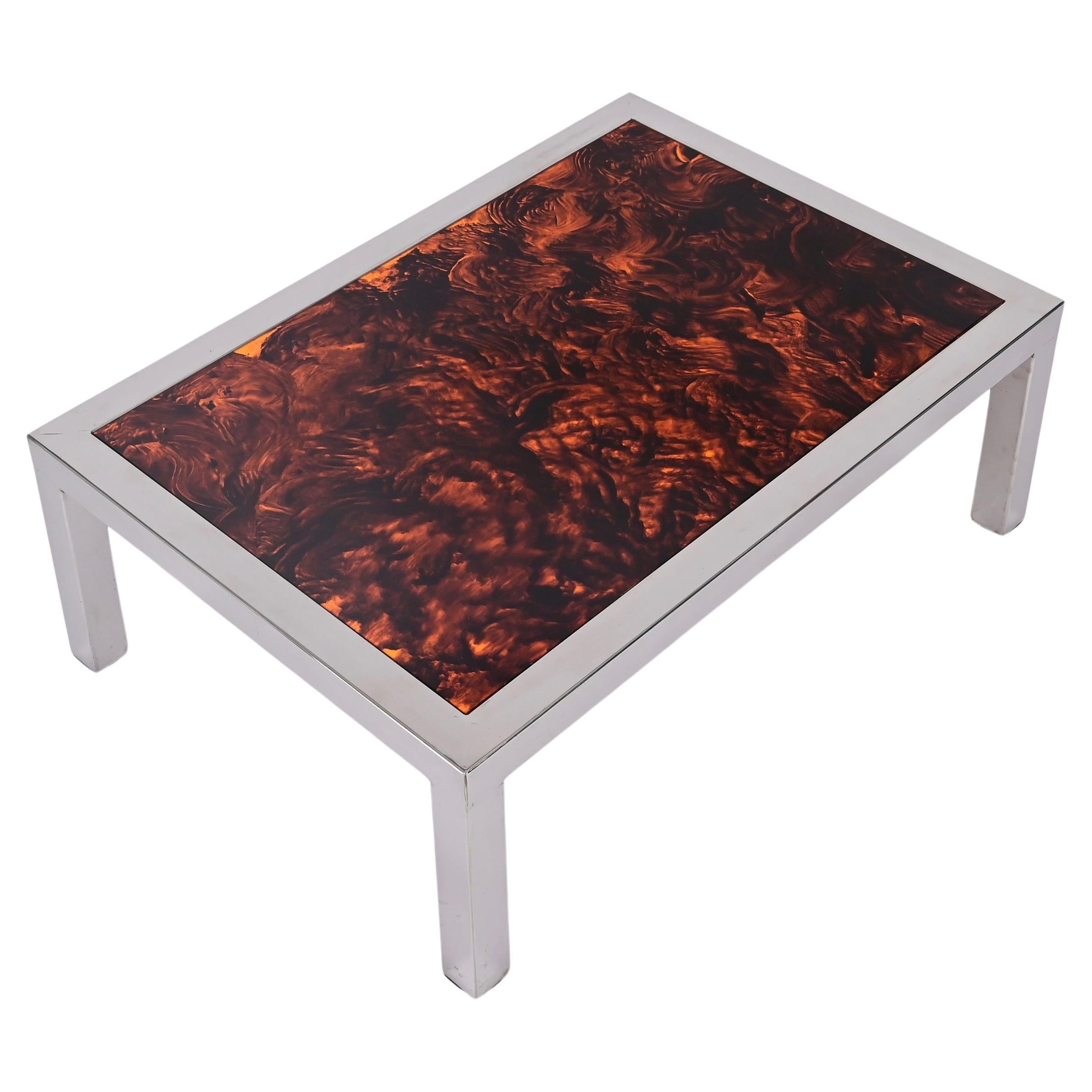 Chromed Steel and Tortoiseshell Effect Lucite Coffee Table, Italy 1970s For Sale