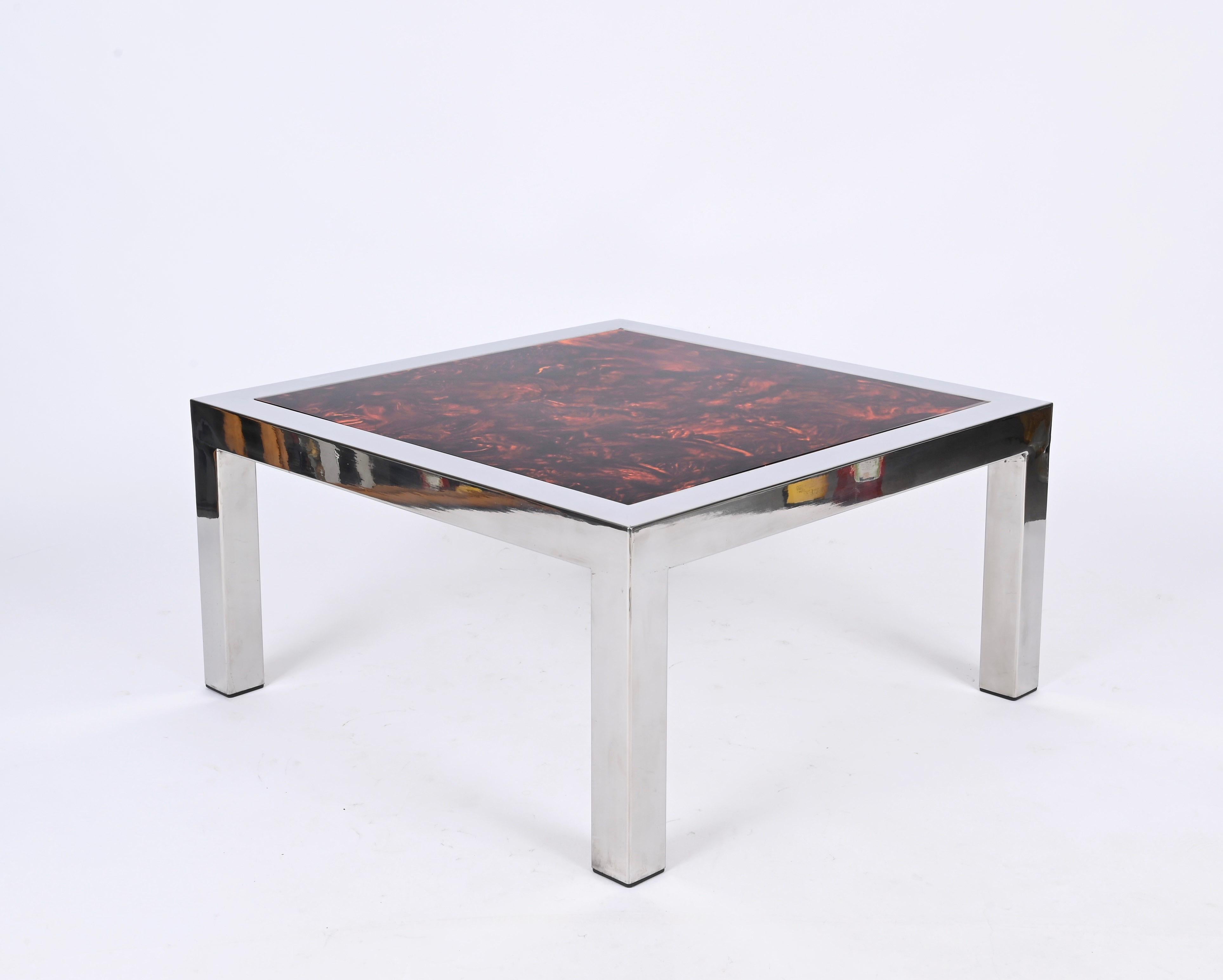 Chromed Steel and Tortoiseshell Effect Lucite Square Coffee Table, Italy 1970s For Sale 3