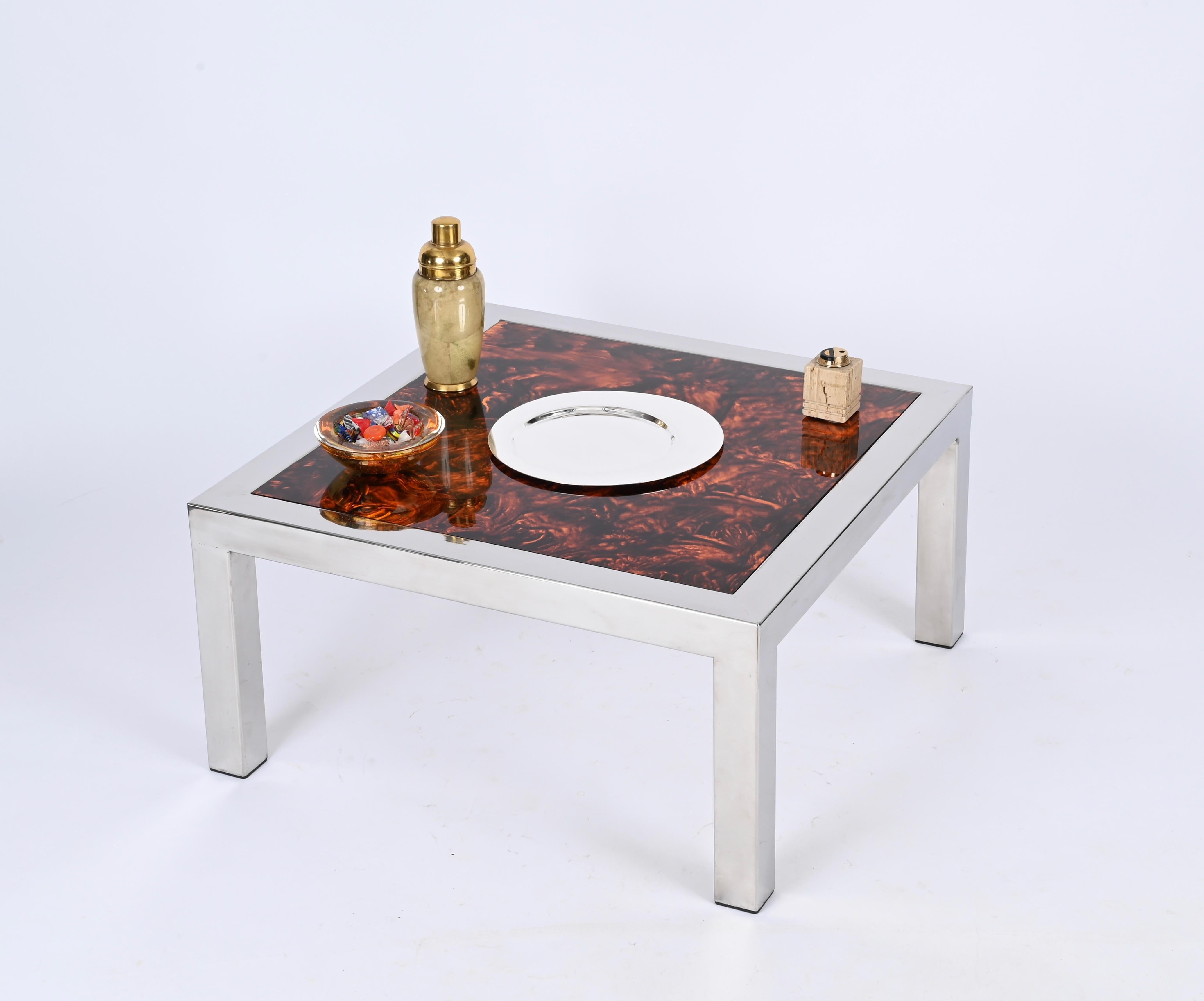 Quadratischer Couchtisch aus verchromtem Stahl und Lucite mit Schildpatt-Effekt, Italien 1970er Jahre im Angebot 4