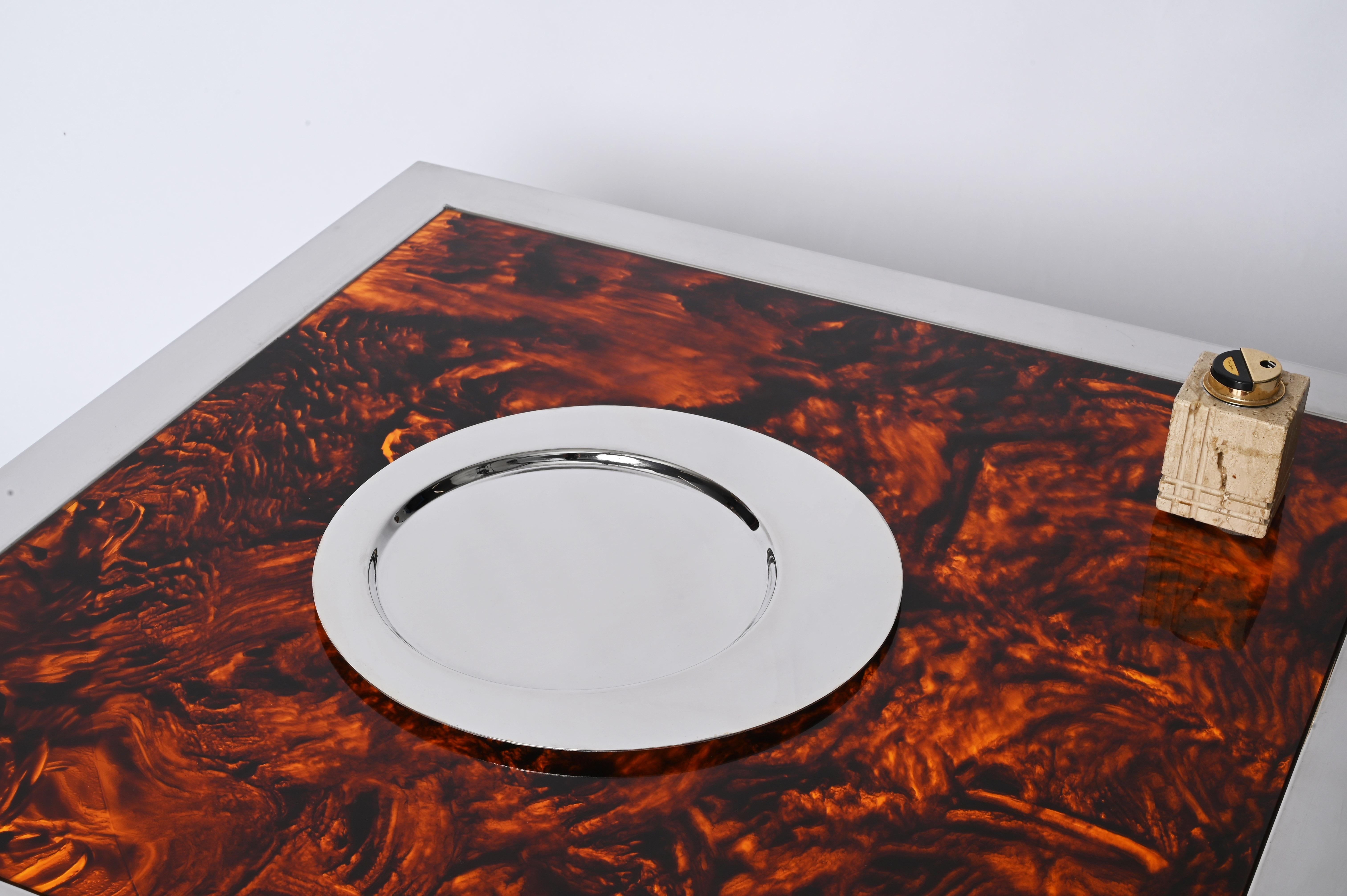 Chromed Steel and Tortoiseshell Effect Lucite Square Coffee Table, Italy 1970s For Sale 5