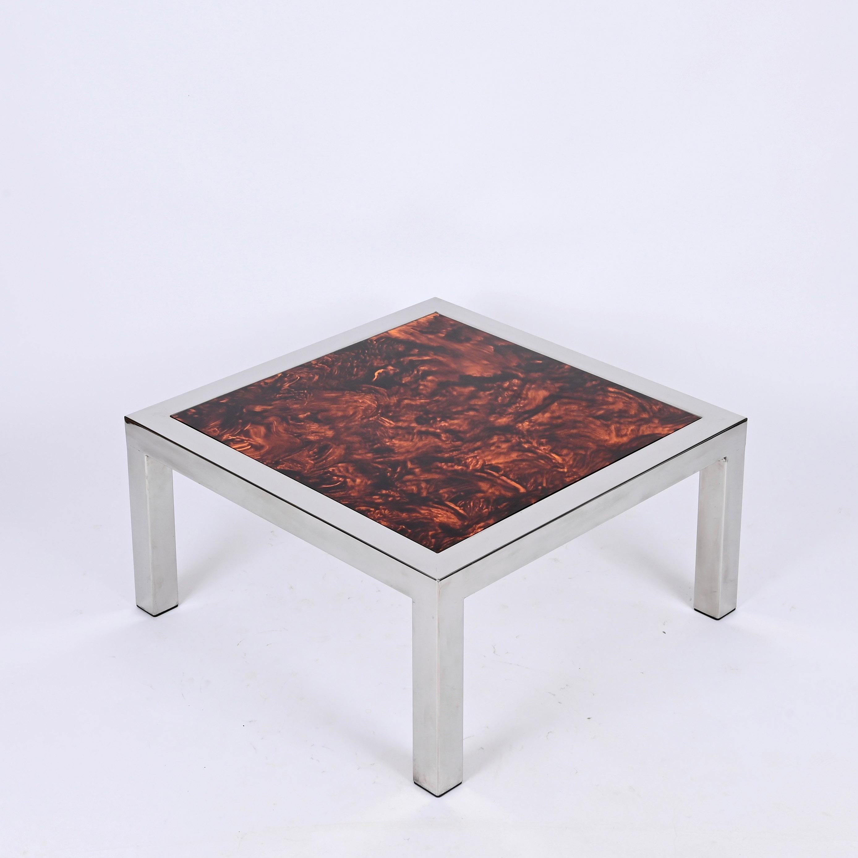 Chromed Steel and Tortoiseshell Effect Lucite Square Coffee Table, Italy 1970s For Sale 6