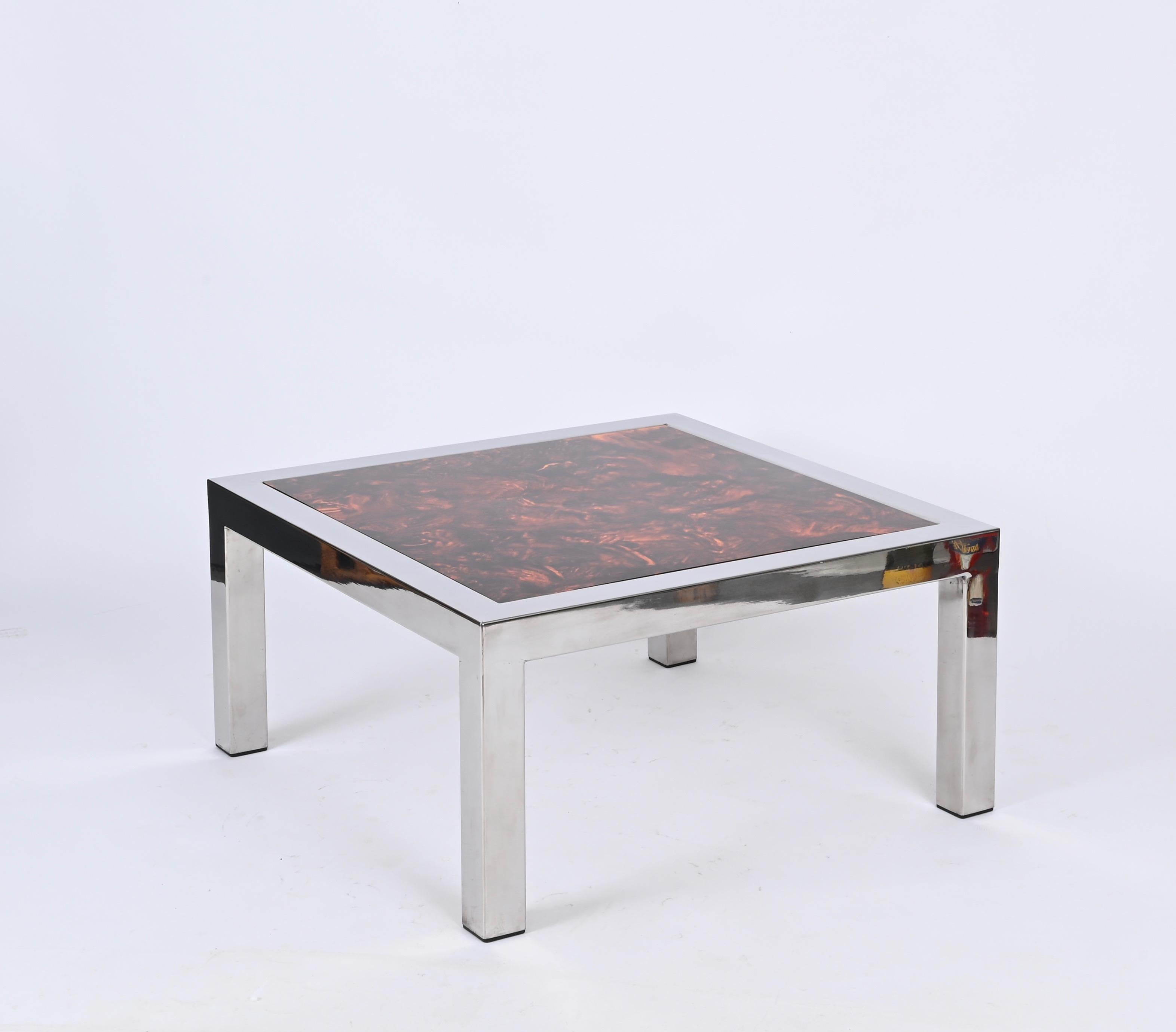 Chromed Steel and Tortoiseshell Effect Lucite Square Coffee Table, Italy 1970s For Sale 7