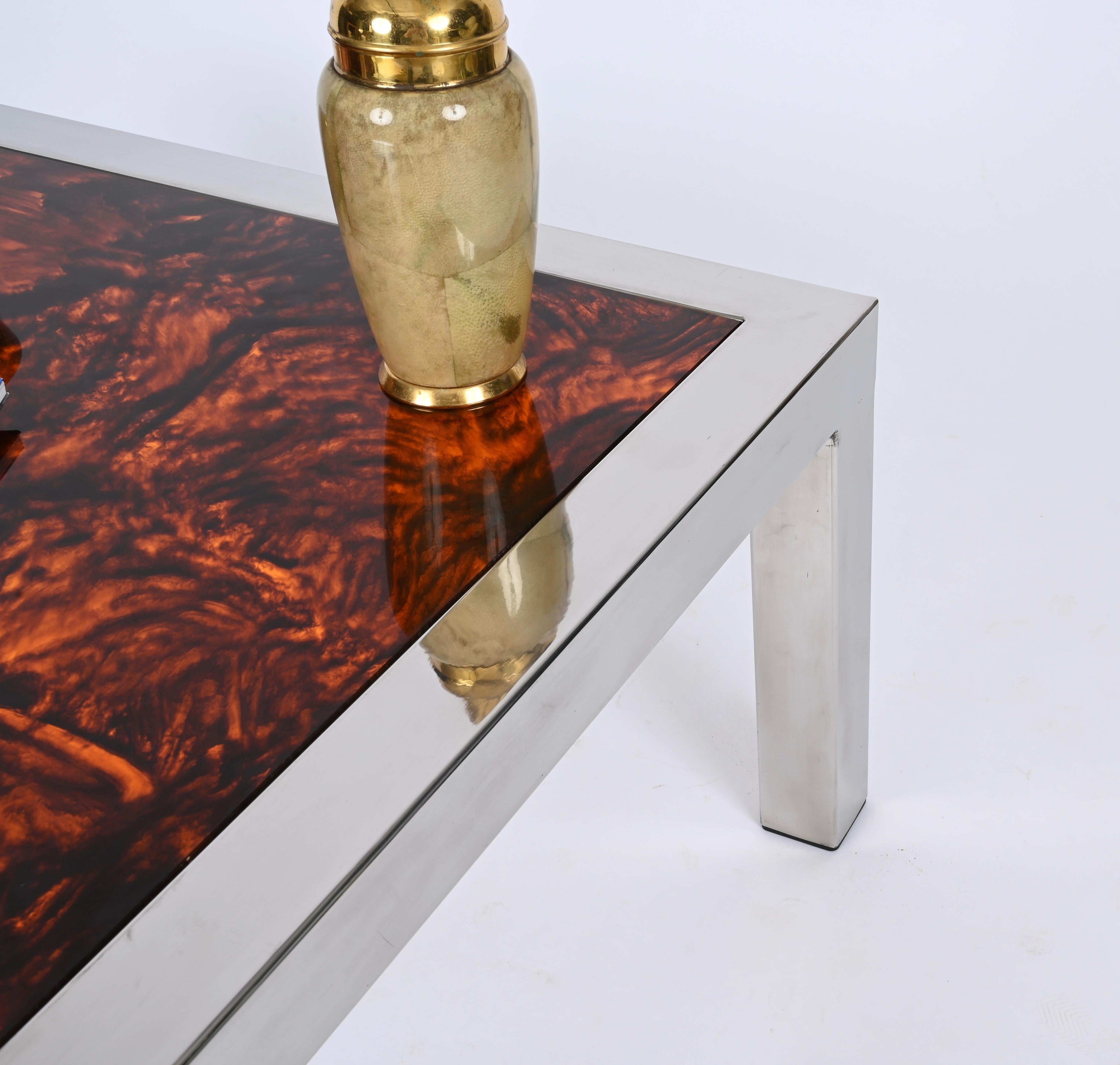 Italian Chromed Steel and Tortoiseshell Effect Lucite Square Coffee Table, Italy 1970s For Sale