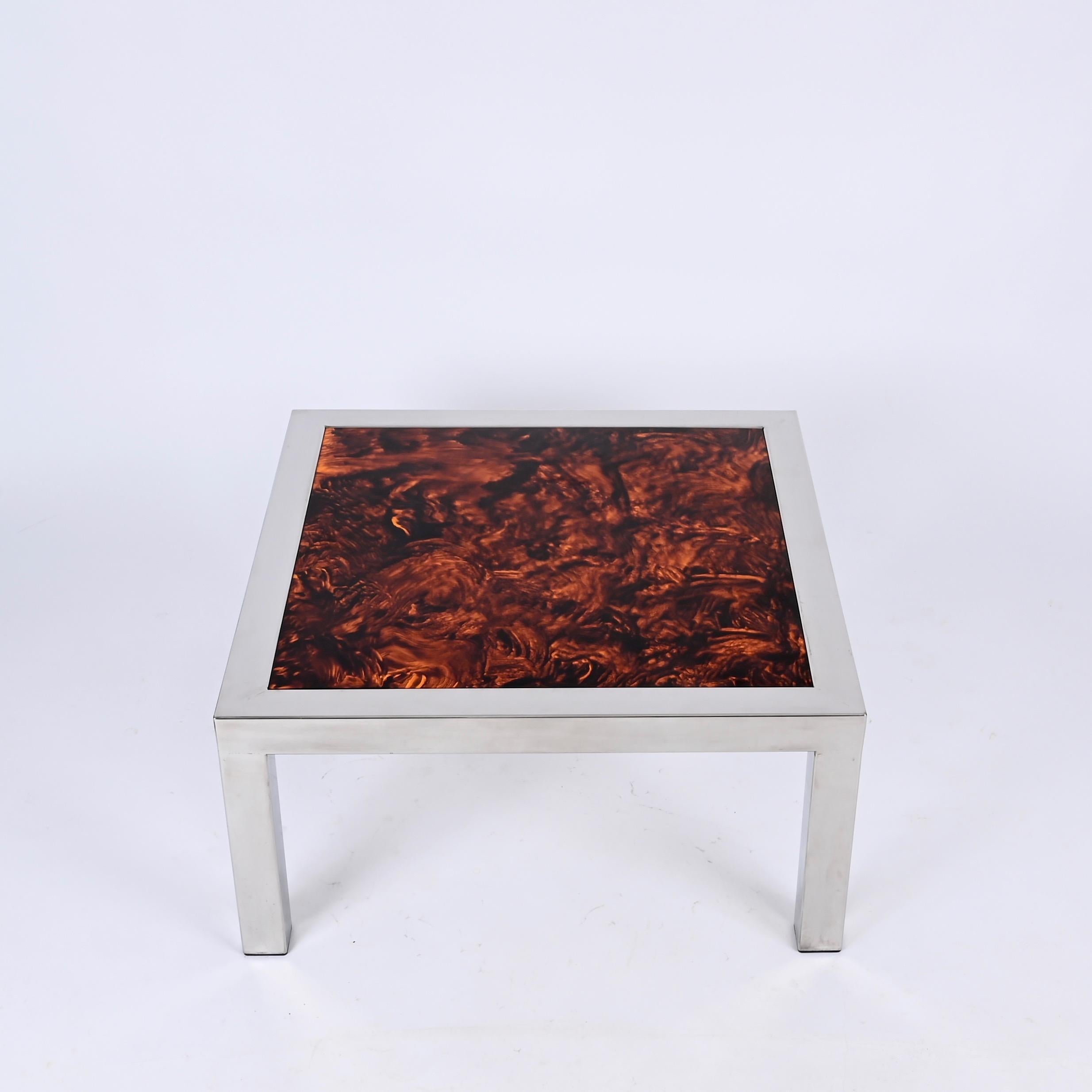 Hand-Crafted Chromed Steel and Tortoiseshell Effect Lucite Square Coffee Table, Italy 1970s For Sale
