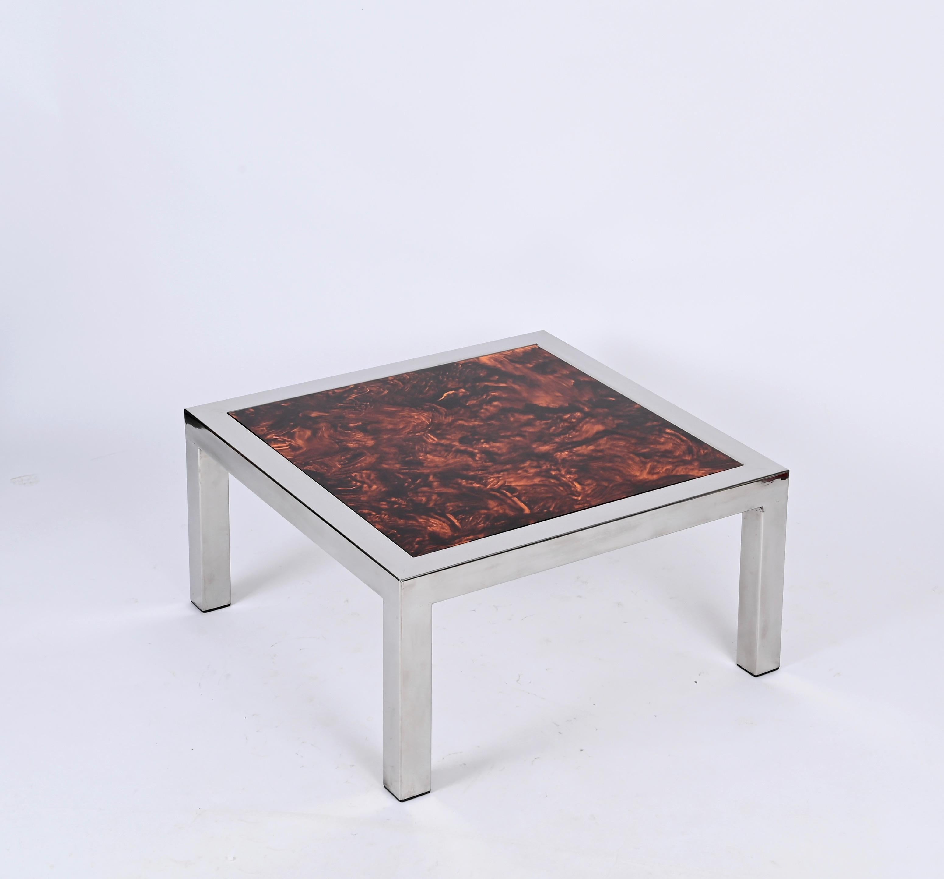 Late 20th Century Chromed Steel and Tortoiseshell Effect Lucite Square Coffee Table, Italy 1970s For Sale