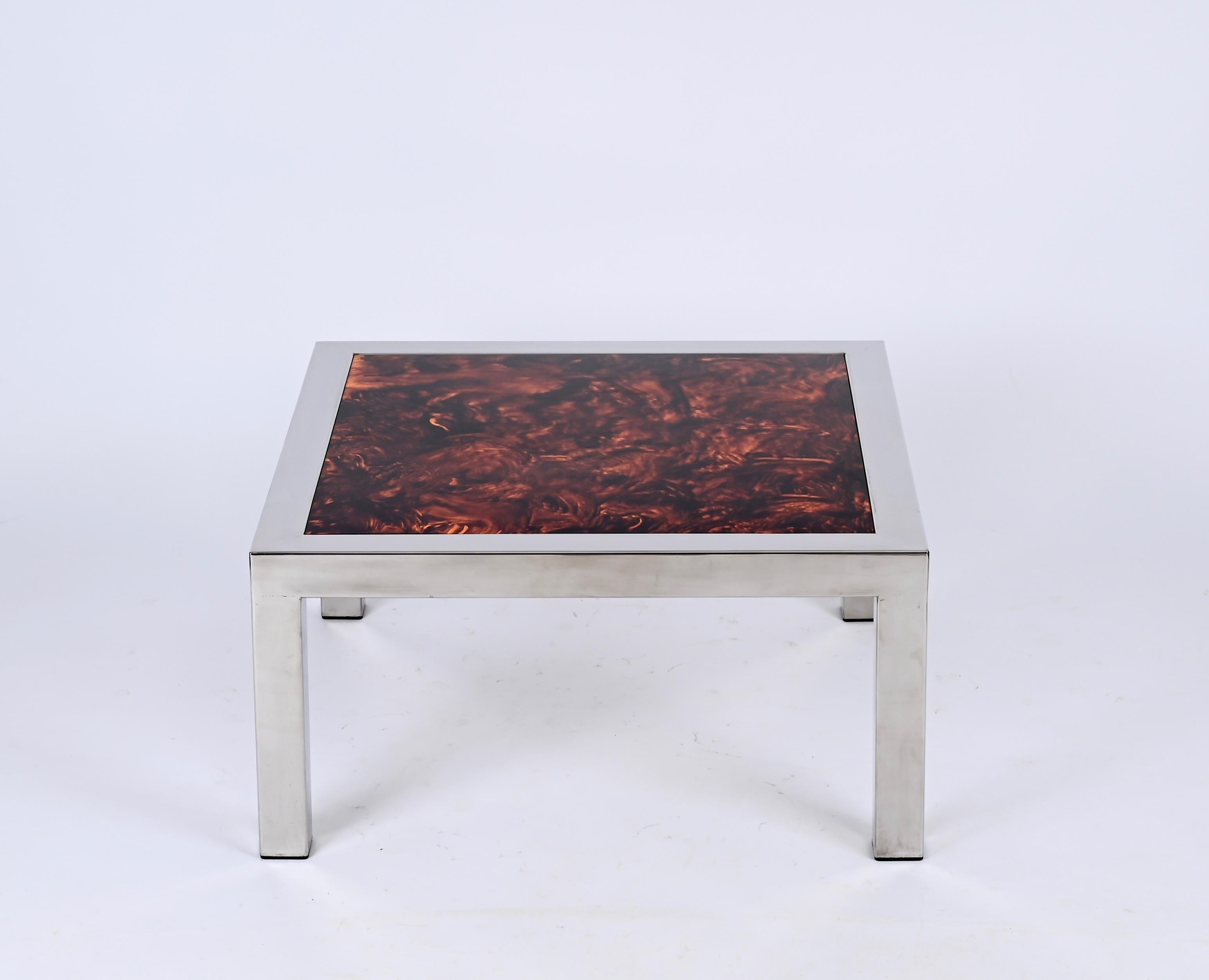 Chromed Steel and Tortoiseshell Effect Lucite Square Coffee Table, Italy 1970s For Sale 1