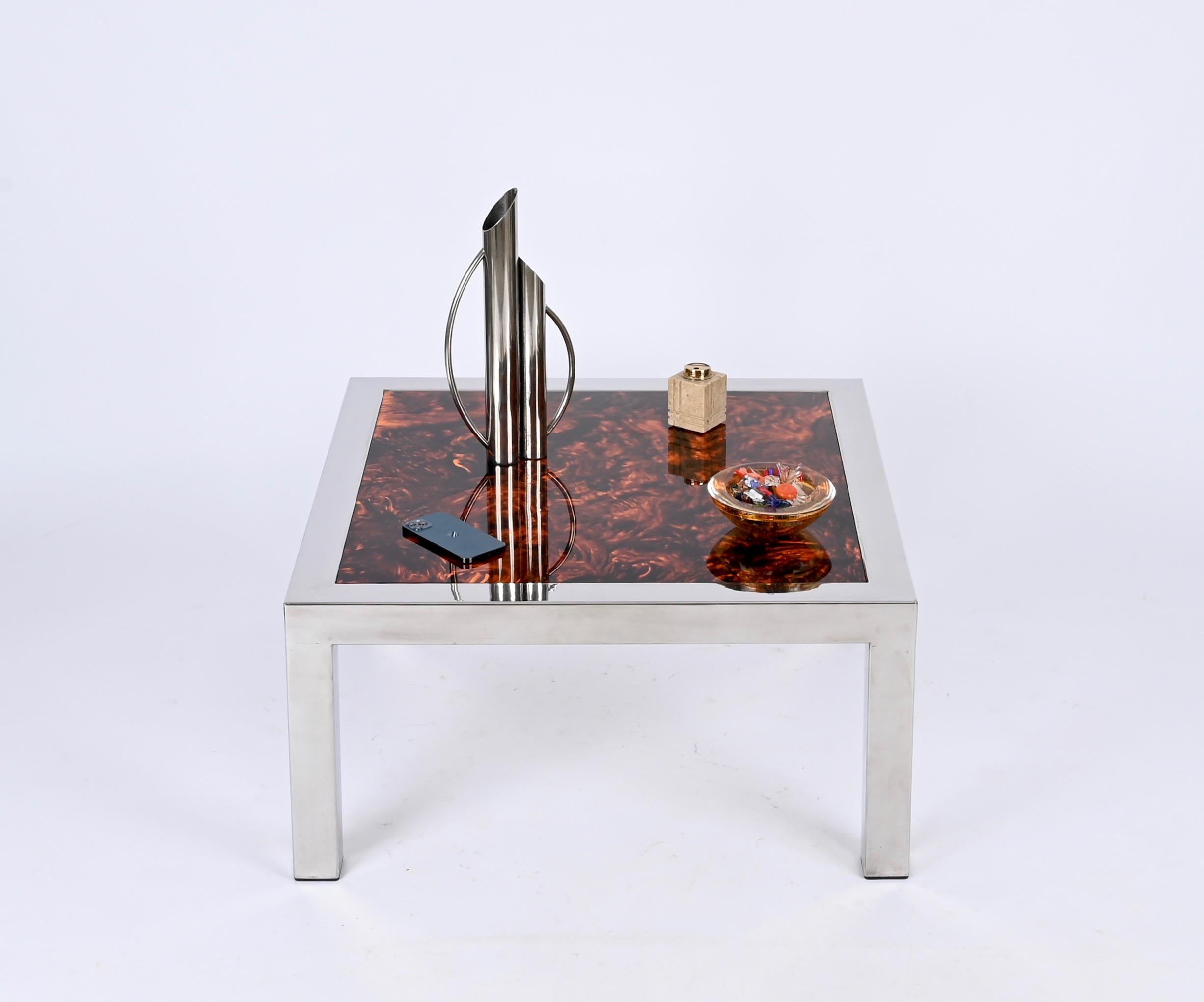 Chromed Steel and Tortoiseshell Effect Lucite Square Coffee Table, Italy 1970s For Sale 2