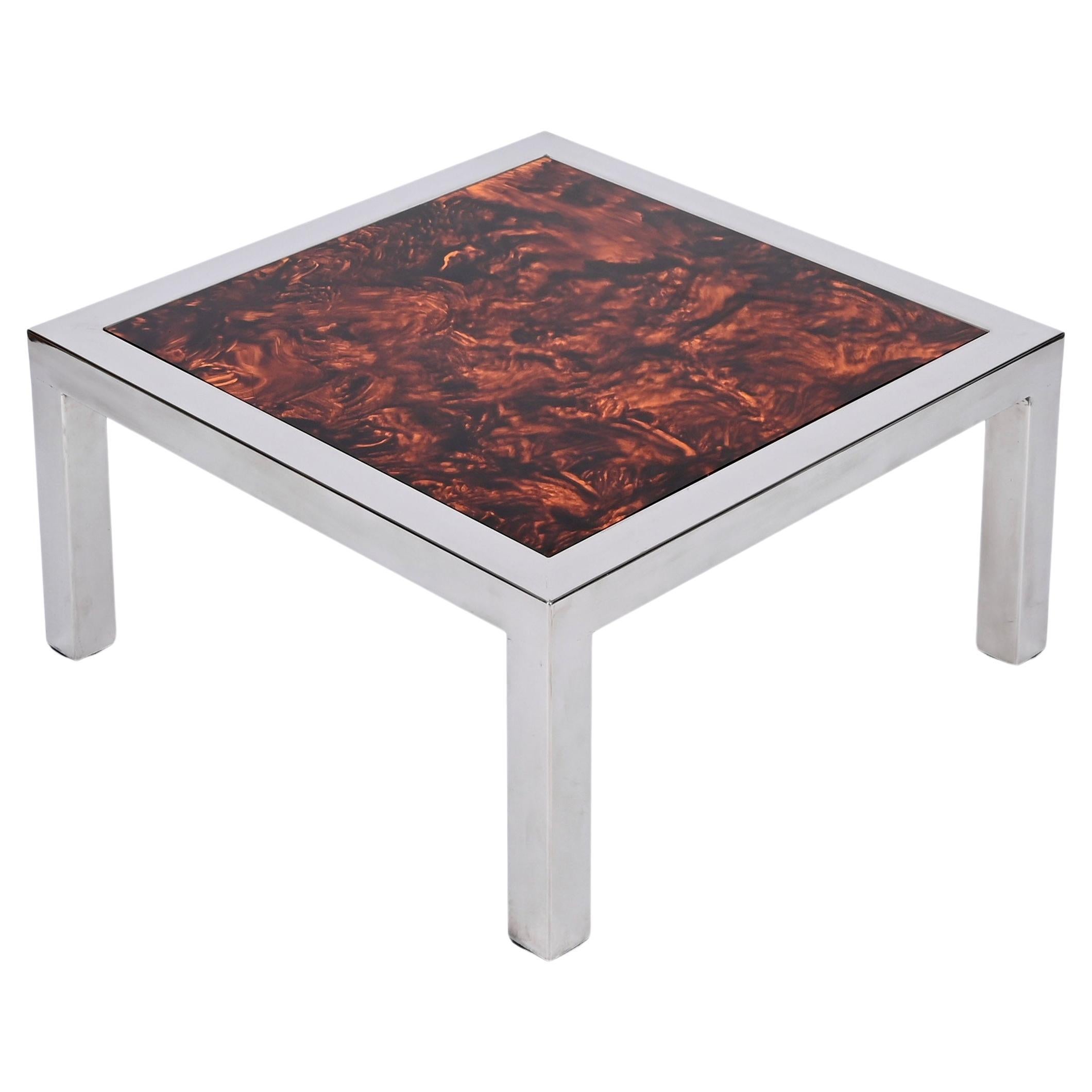 Chromed Steel and Tortoiseshell Effect Lucite Square Coffee Table, Italy 1970s For Sale