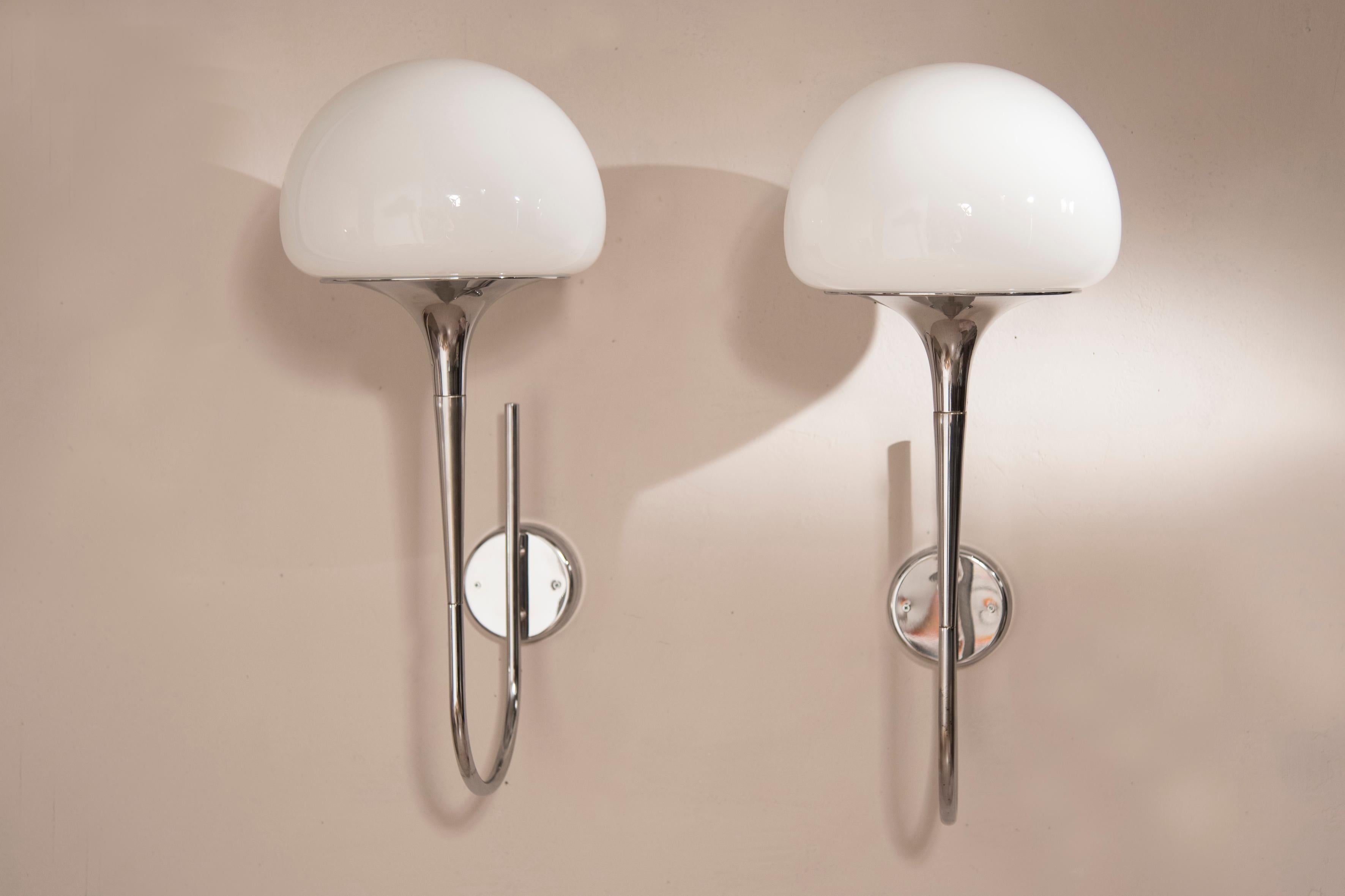 European Chromed Steel and White Opaline Reggiani Wall Sconces Appliques