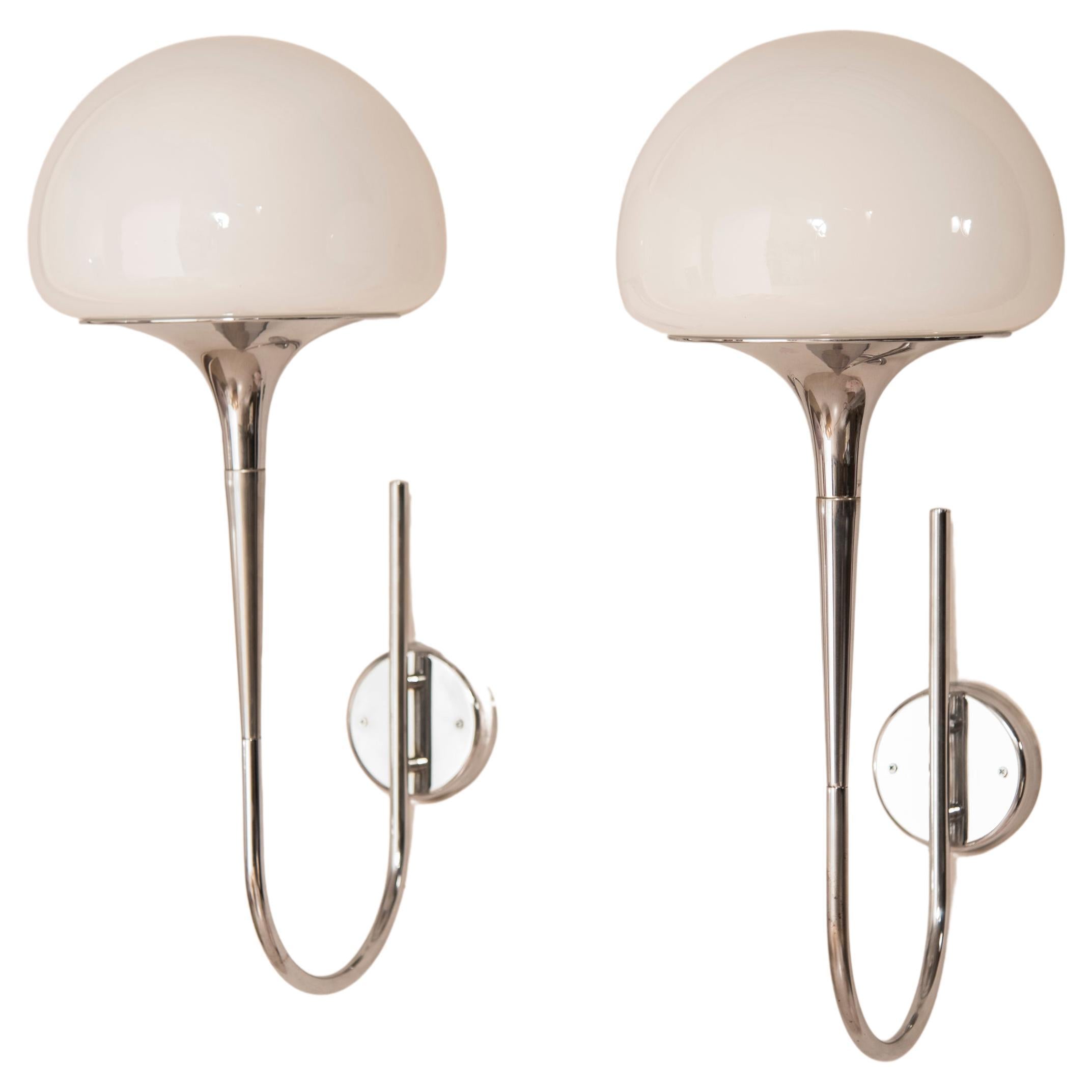 Chromed Steel and White Opaline Reggiani Wall Sconces Appliques
