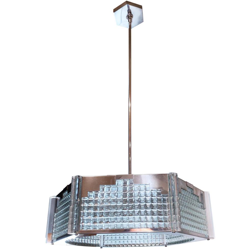 Acier chromé, verre d'art et lucite, luminaire suspendu postmoderne de Fredrick Ramond en vente 1