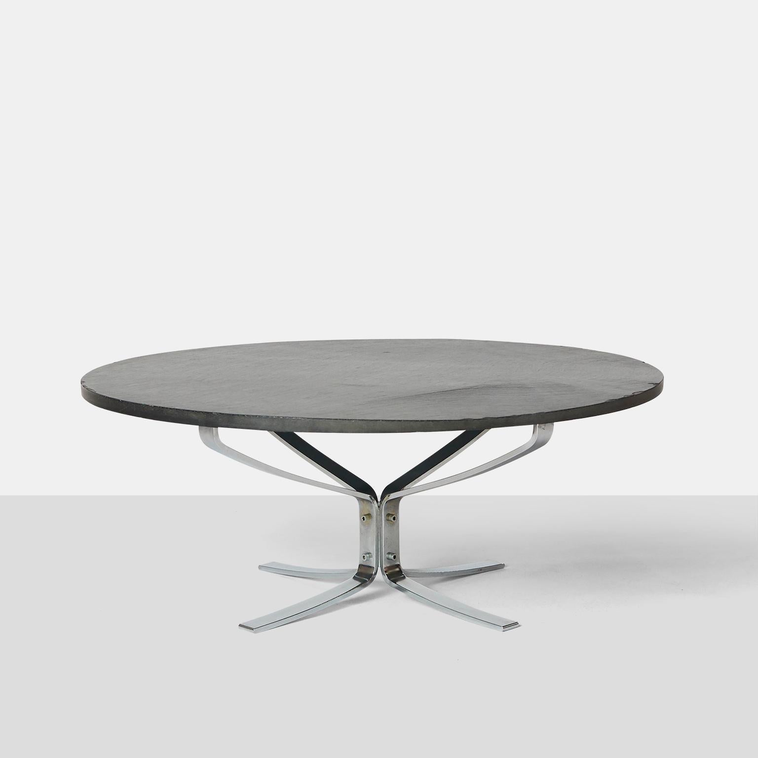 A chrome and slate Falcon series coffee table designed by Sigurd Ressell. Designed c.1961 for Vatne Mobler.