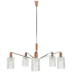 Chromed Steel Teak and Glass Mid-Century Modern Danish Style Kaiser Chandelier
