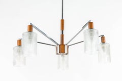 Chromed Steel Teak and Glass Mid-Century Modern Danish Style Kaiser Chandelier
