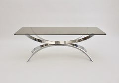 Chromed Vintage Coffee Table or Sofa Table with Smoked Glass Top, 1970s