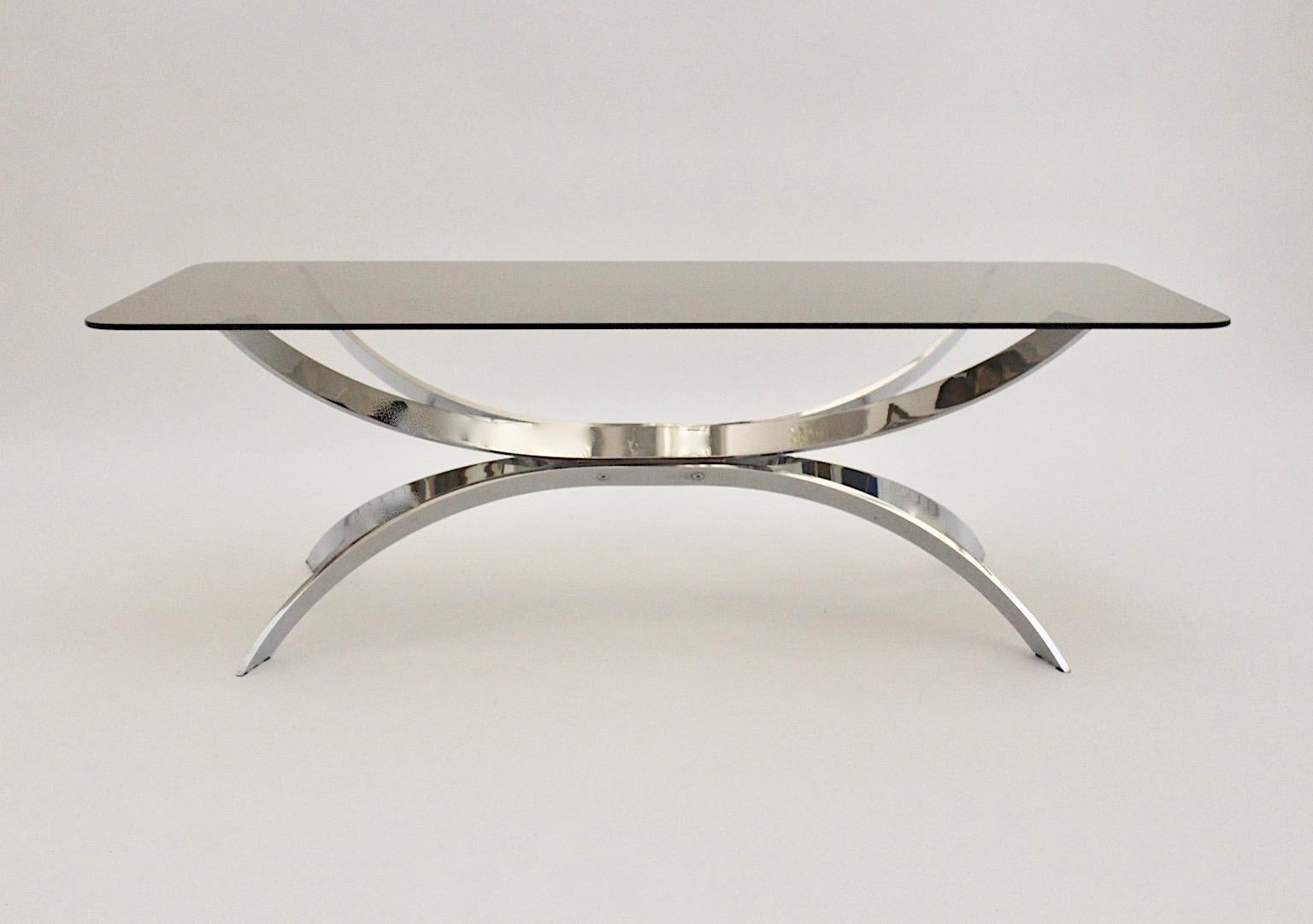 Mid-Century Modern Chromed Vintage Coffee Table or Sofa Table with Smoked Glass Top, 1970s For Sale