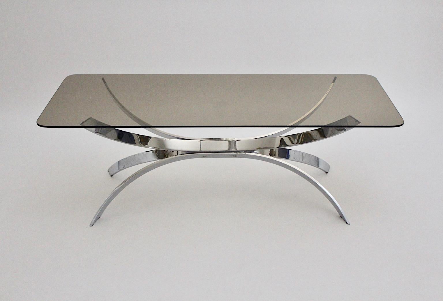 20th Century Chromed Vintage Coffee Table or Sofa Table with Smoked Glass Top, 1970s For Sale
