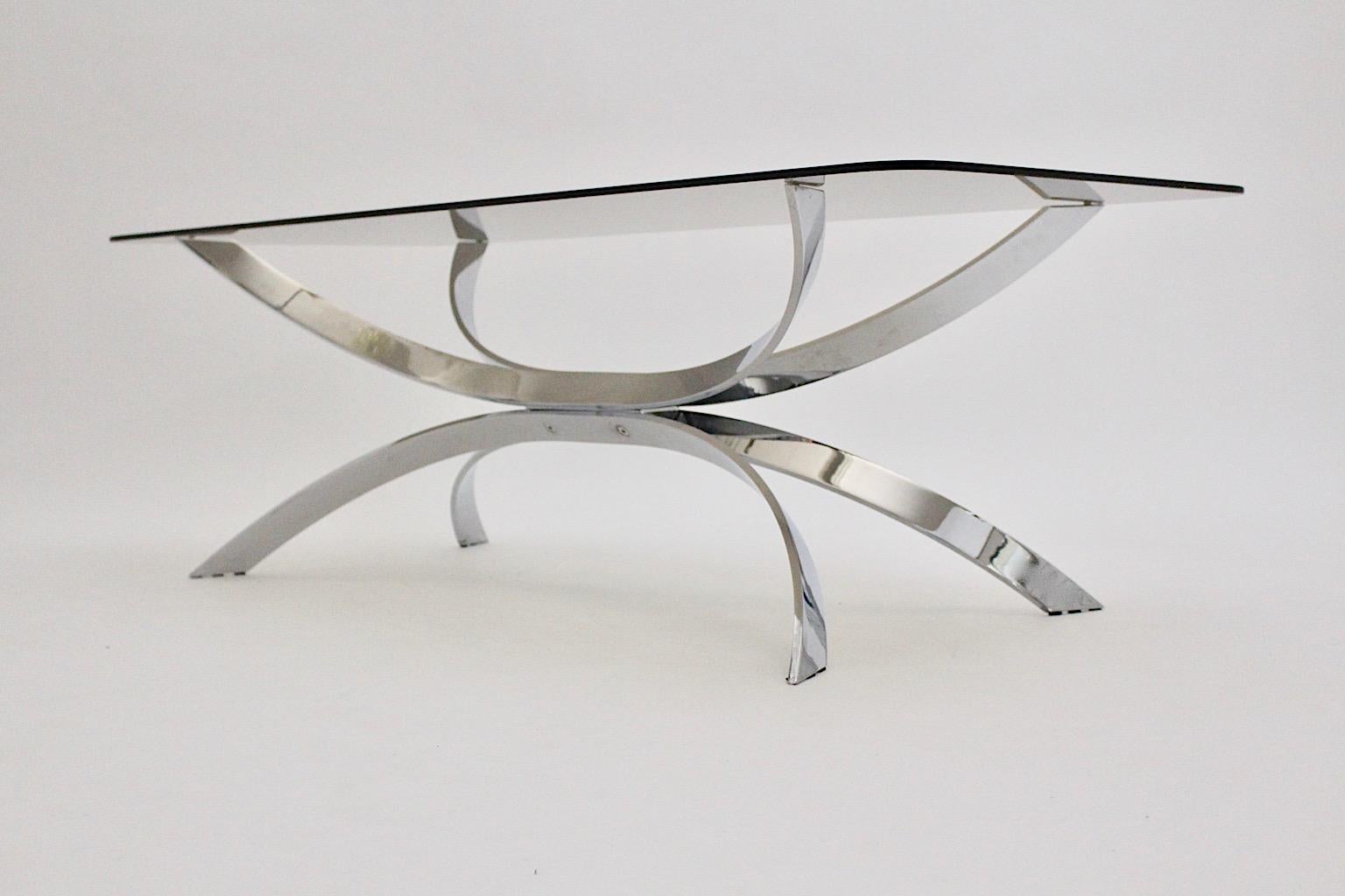 Metal Chromed Vintage Coffee Table or Sofa Table with Smoked Glass Top, 1970s For Sale