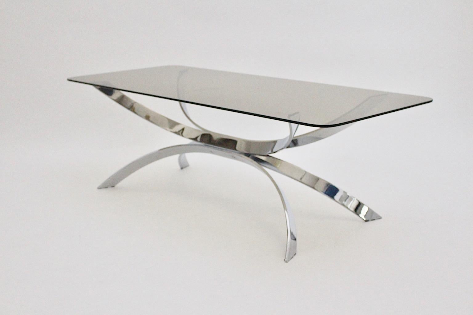 Chromed Vintage Coffee Table or Sofa Table with Smoked Glass Top, 1970s For Sale 1