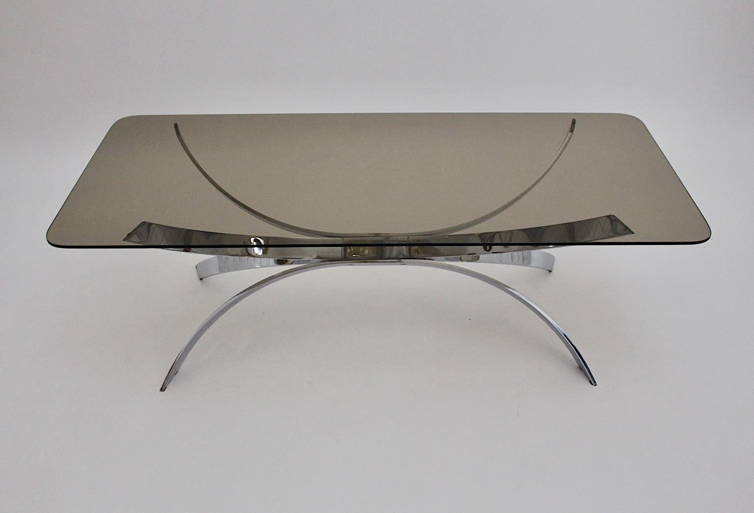 Chromed Vintage Coffee Table or Sofa Table with Smoked Glass Top, 1970s For Sale 2