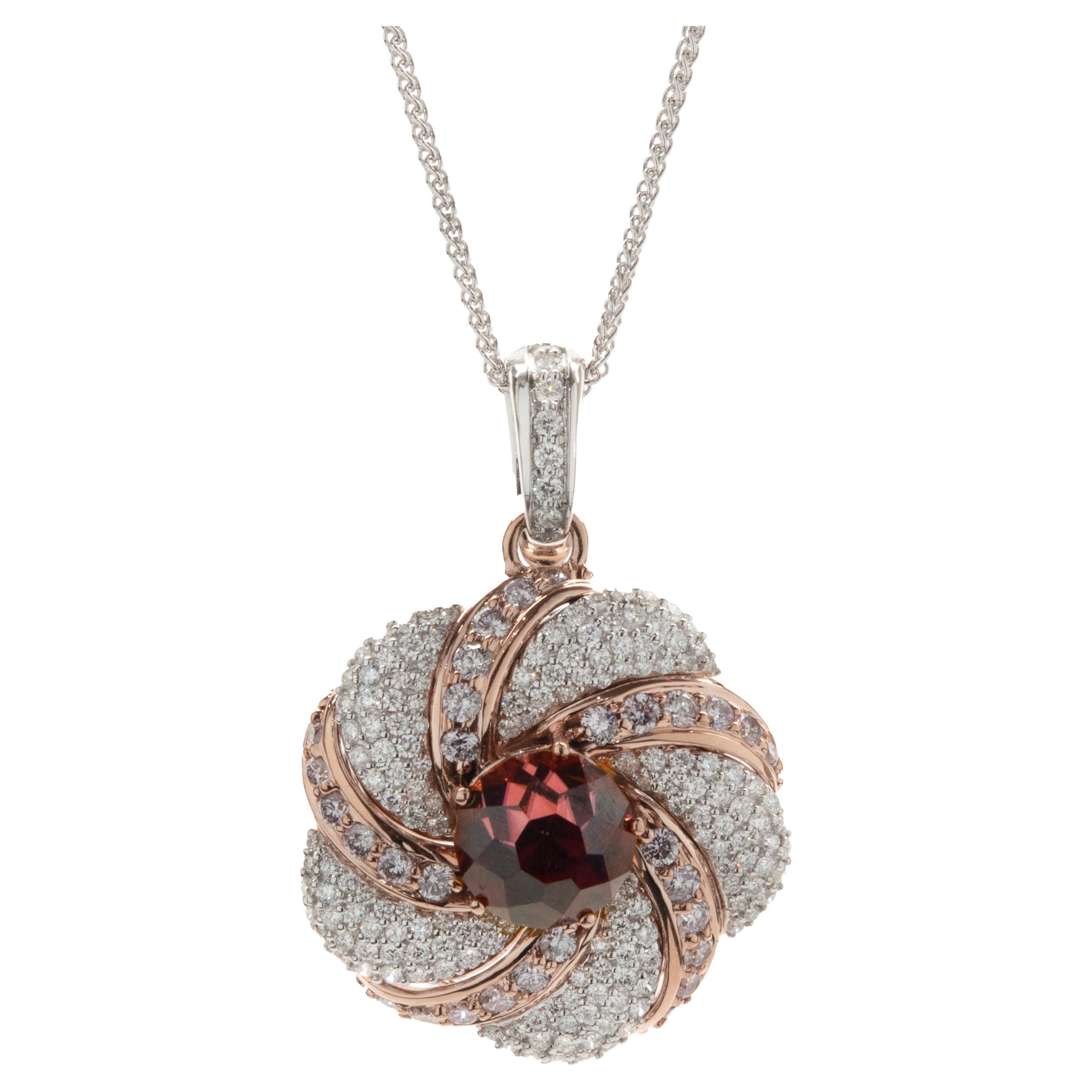 Chromia 18k Rose and White Gold Red Tourmaline and Pave Diamond Flower Necklace