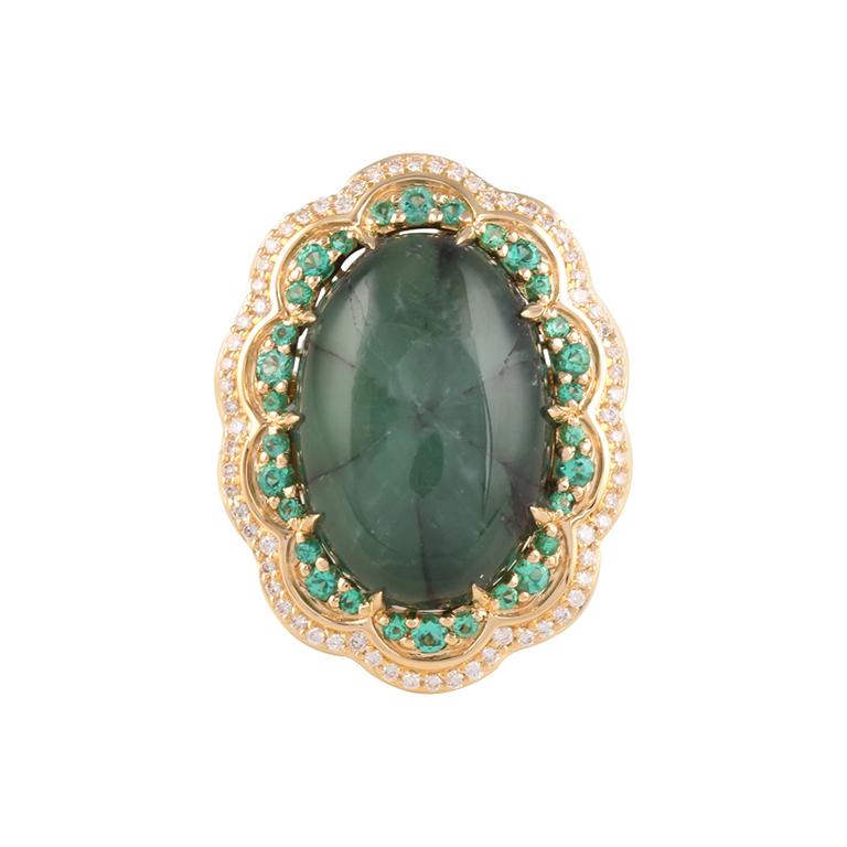 Anello con smeraldo trapiche, smeraldo e diamante bianco in oro giallo 18 carati 20,94 carati In condizioni ottime in vendita a New York, NY
