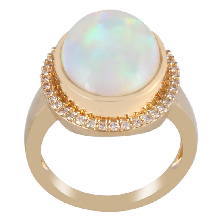 Taille cabochon Bague en or jaune 14K avec opale éthiopienne chromée et diamant blanc 5,92cts en vente