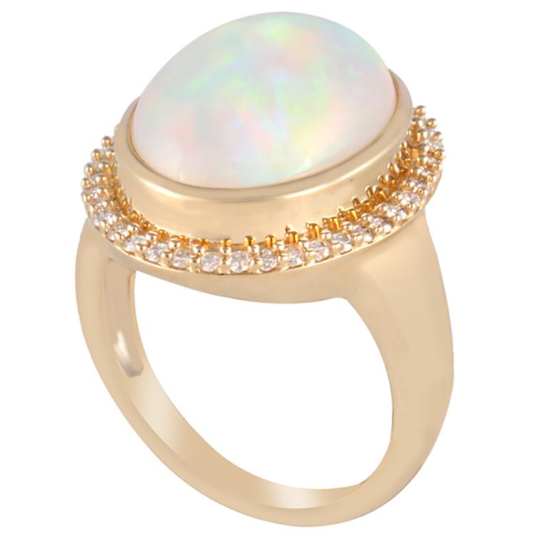 Bague en or jaune 14K avec opale éthiopienne chromée et diamant blanc 5,92cts en vente 1
