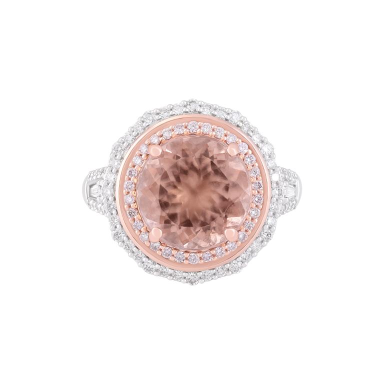 Chromia Morganite & Pink, White Diamond 18K Gold Two Tone Ring 5.44cts In Excellent Condition For Sale In New York, NY