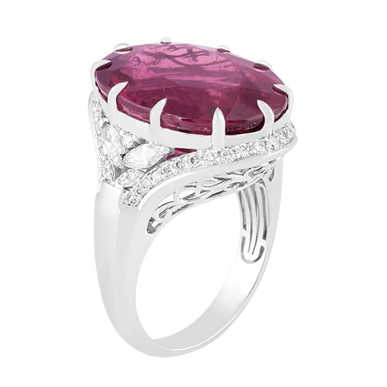 Chromia Rubellite & White Diamond in 18K White Gold Ring 18.65cts In Excellent Condition For Sale In New York, NY