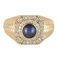 Chromia Star Sapphire & White Diamond 18K Yellow Gold Men's Ring 2.38cts