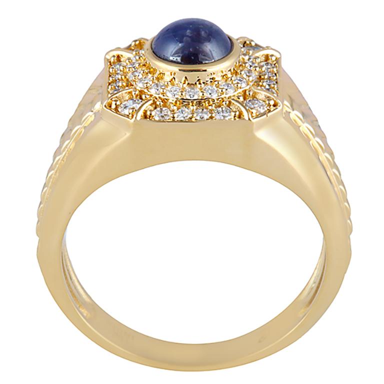 Cabochon Chromia Star Sapphire & White Diamond 18K Yellow Gold Men's Ring 2.38cts For Sale