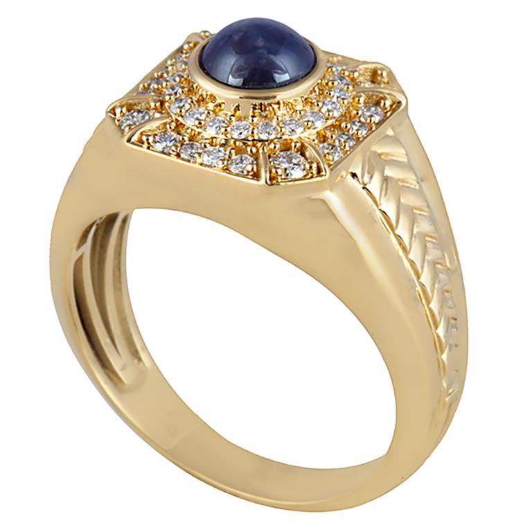 Chromia Star Sapphire & White Diamond 18K Yellow Gold Men's Ring 2.38cts For Sale 2