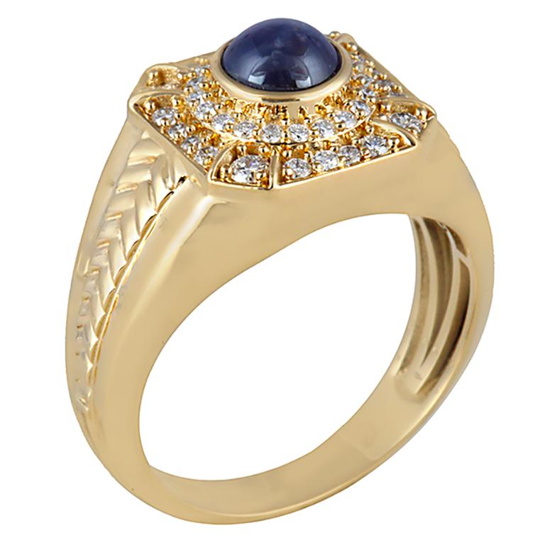 Chromia Star Sapphire & White Diamond 18K Yellow Gold Men's Ring 2.38cts For Sale 4