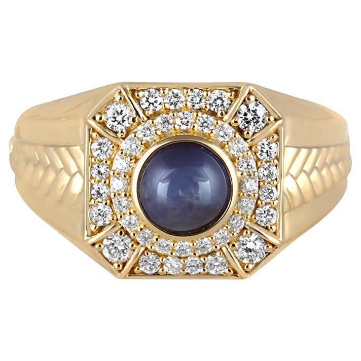 Chromia Star Sapphire & White Diamond 18K Yellow Gold Men's Ring 2.38cts