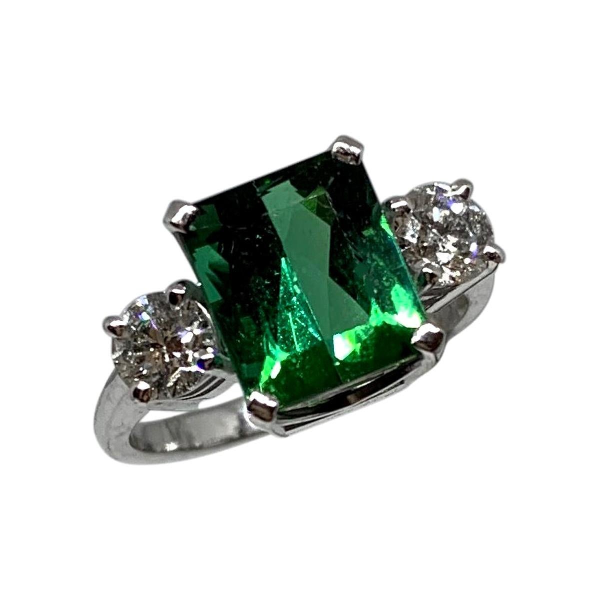 Chromium Green Tourmaline 18ct white gold White Diamond 3-Stone Engagement Ring For Sale