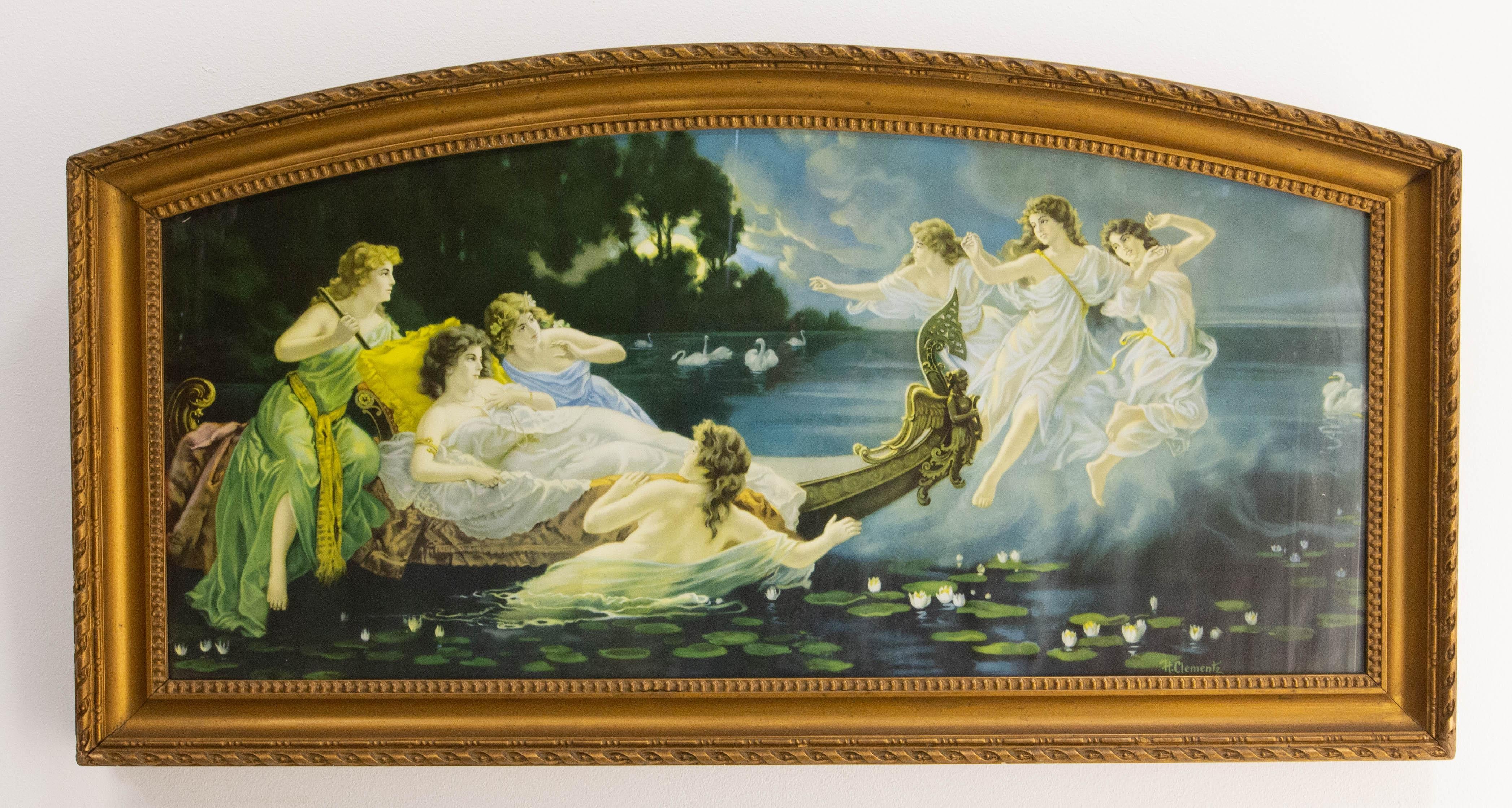 Boat of Nymphs by Hermann Clementz.
Clementz was a German genre and portrait painter (1852-1930).
In 2012, the original oil painted of this lithograph 