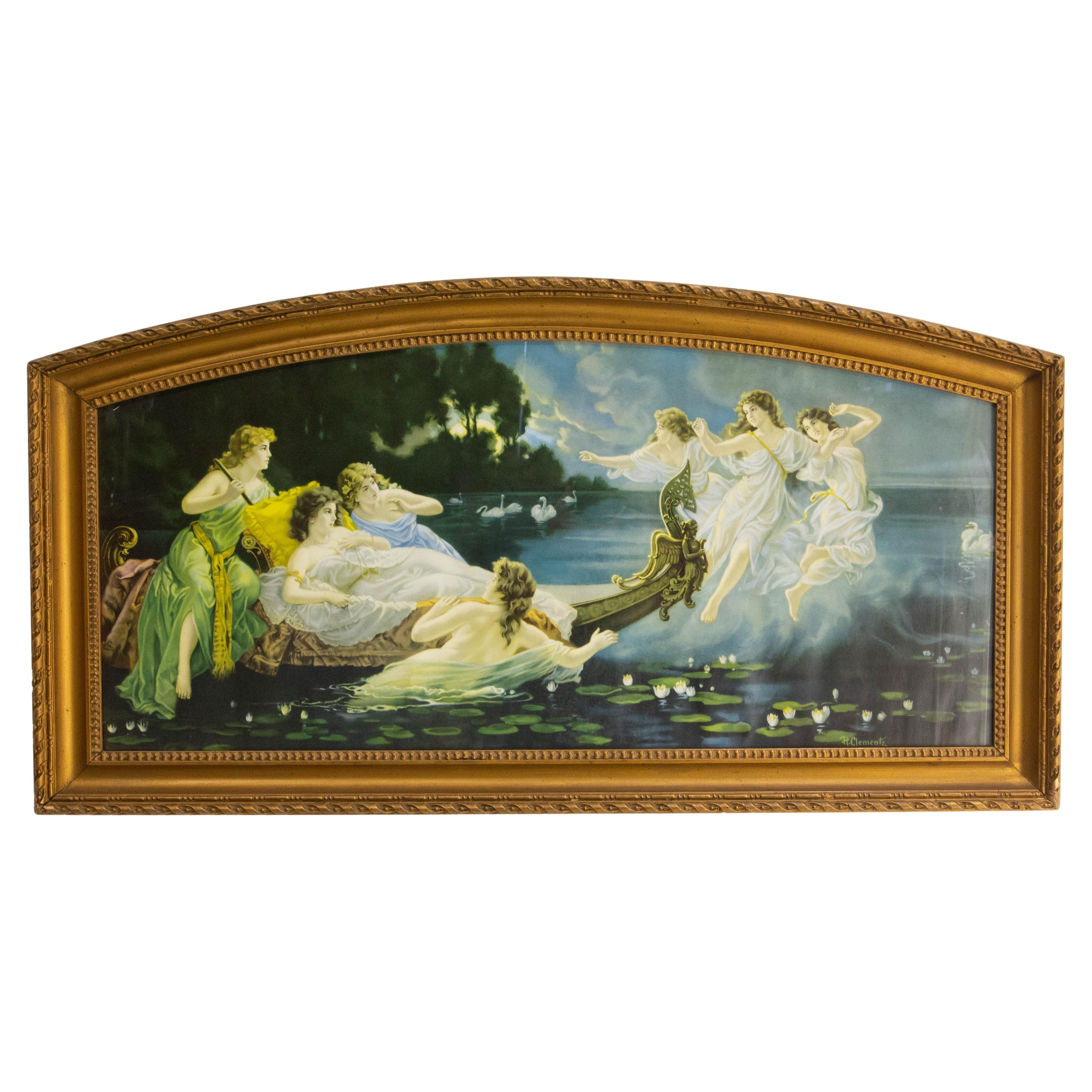 Chromo-Lithograph Boat of Nymphs by H Clementz in Its Frame, Late 19th Century