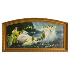 Antique Chromo-Lithograph Boat of Nymphs by H Clementz in Its Frame, Late 19th Century