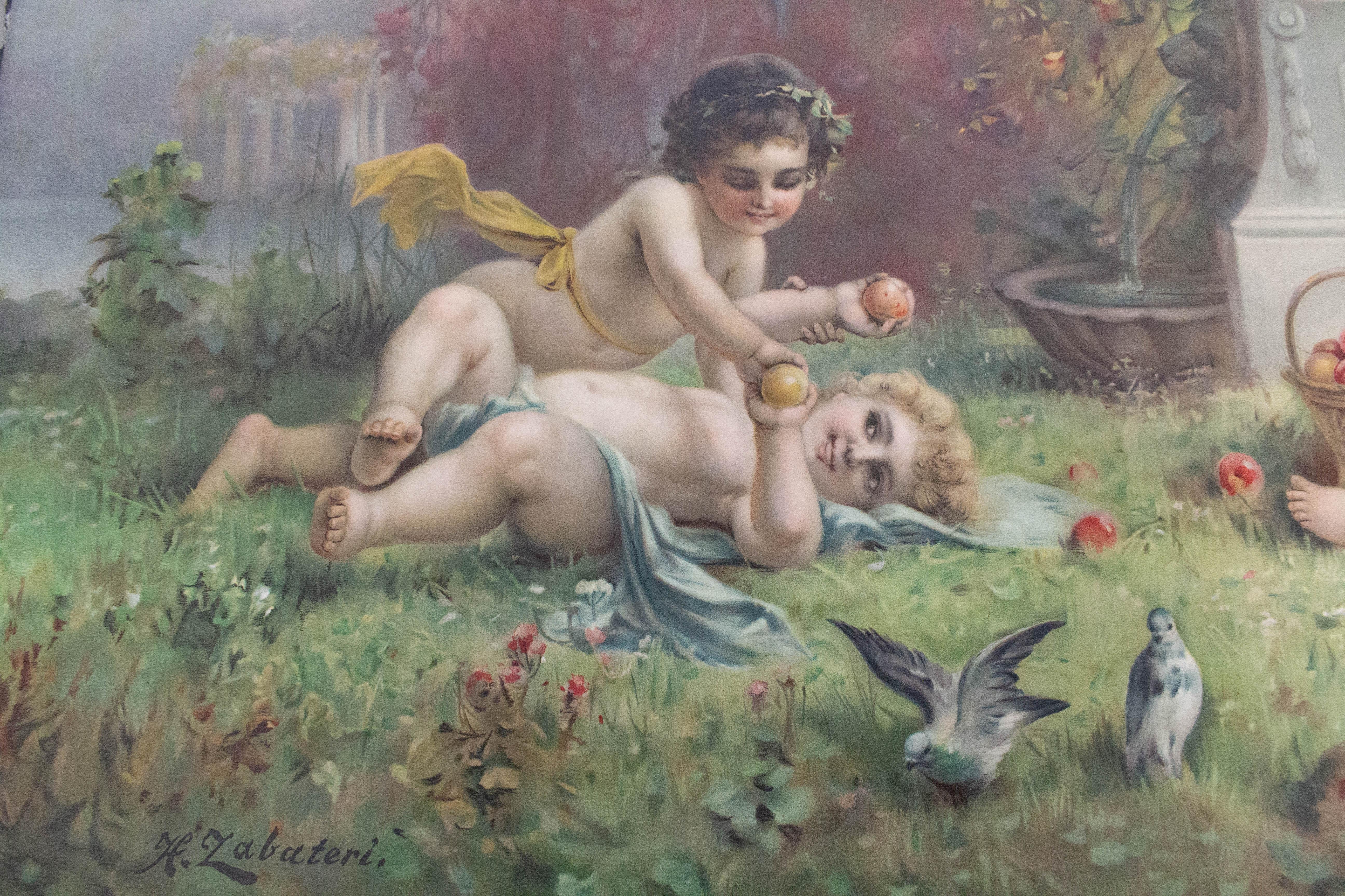 Autrichien Chromo-lithographie Chérubins au jeu Zabateri, fin du XIXe siècle